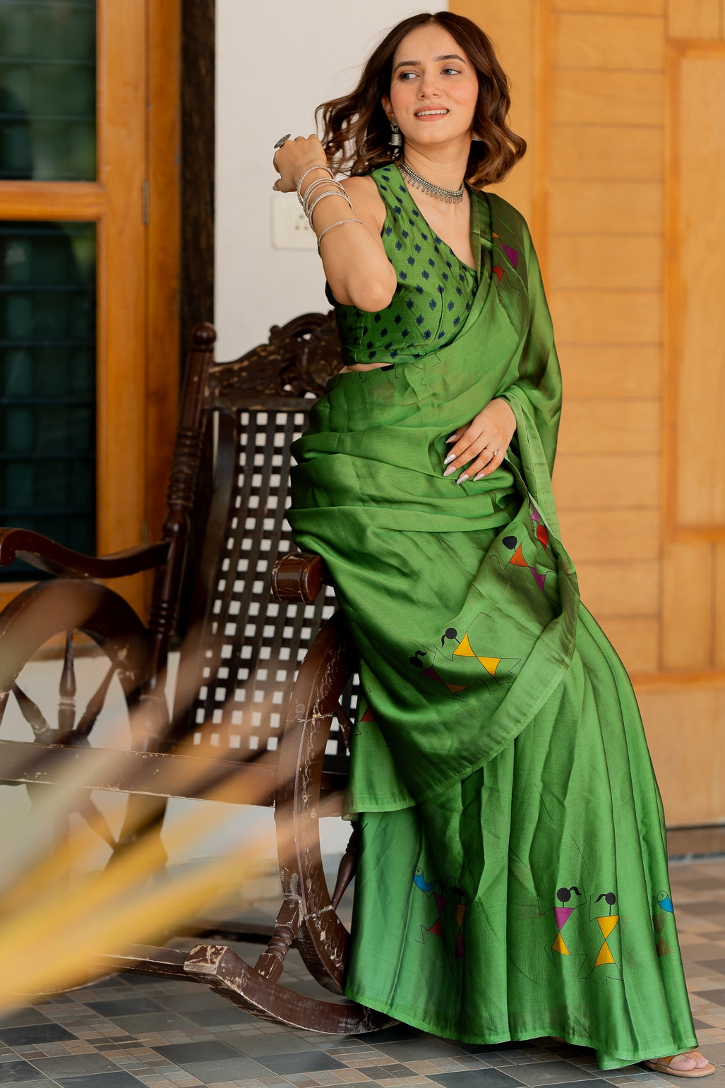 Women's Chiffon Warli Block Print Custom Tailored Artistry Saree