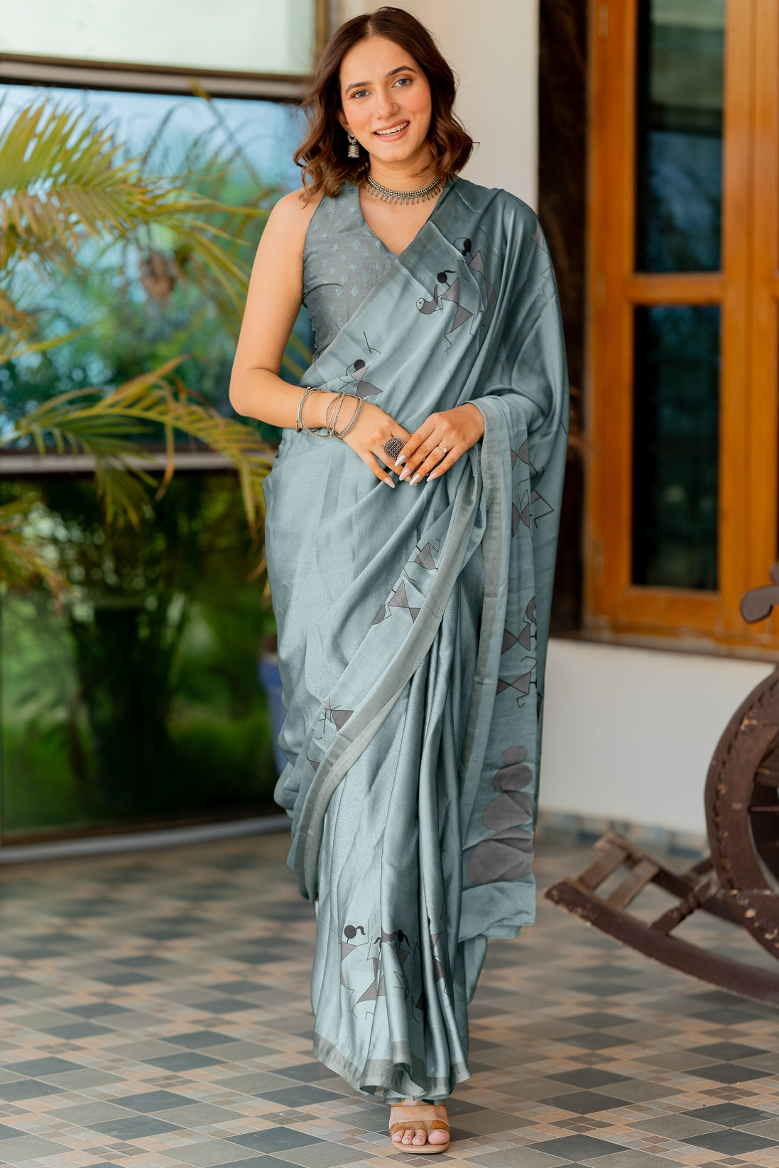 Women's Chiffon Warli Block Print Custom Tailored Artistry Saree