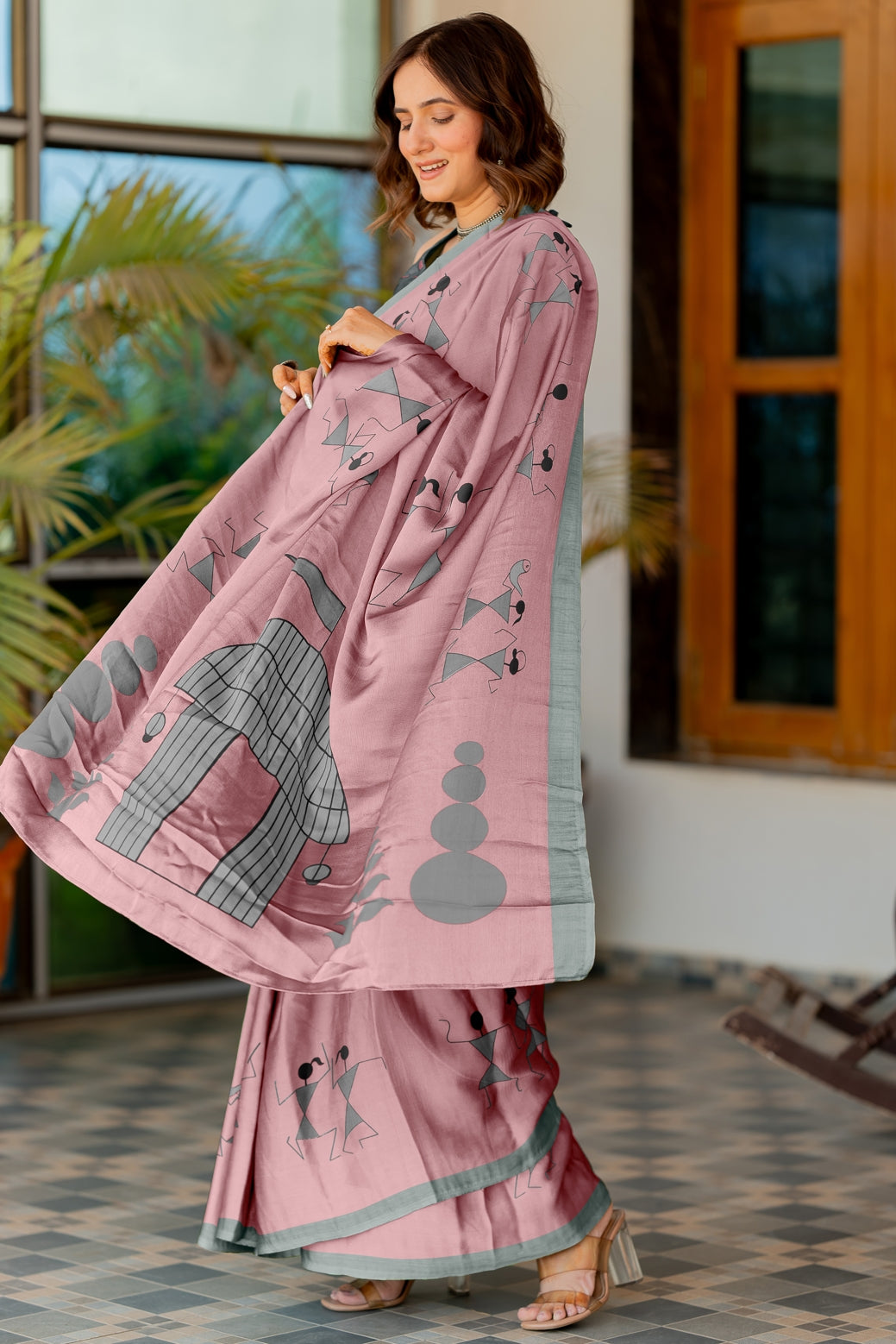 Women's Chiffon Warli Block Print Custom Tailored Artistry Saree