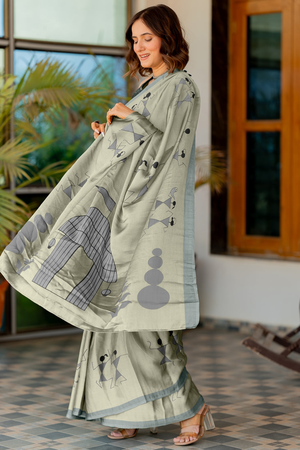 Women's Chiffon Warli Block Print Custom Tailored Artistry Saree