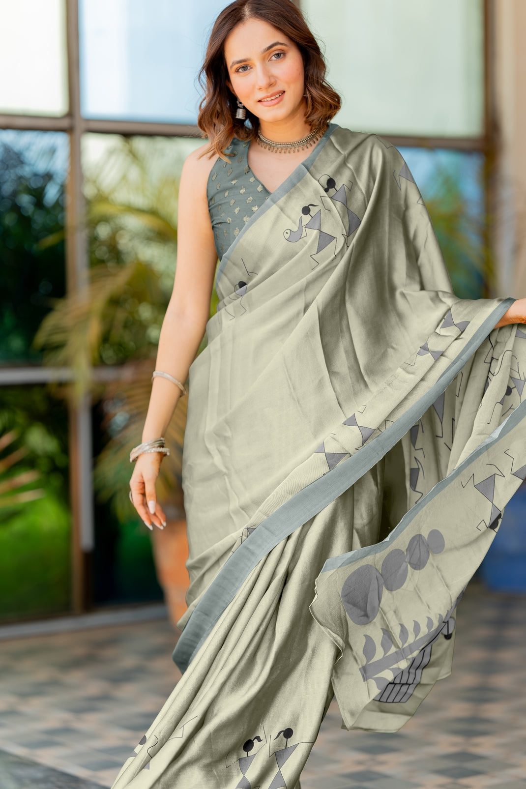 Women's Chiffon Warli Block Print Custom Tailored Artistry Saree