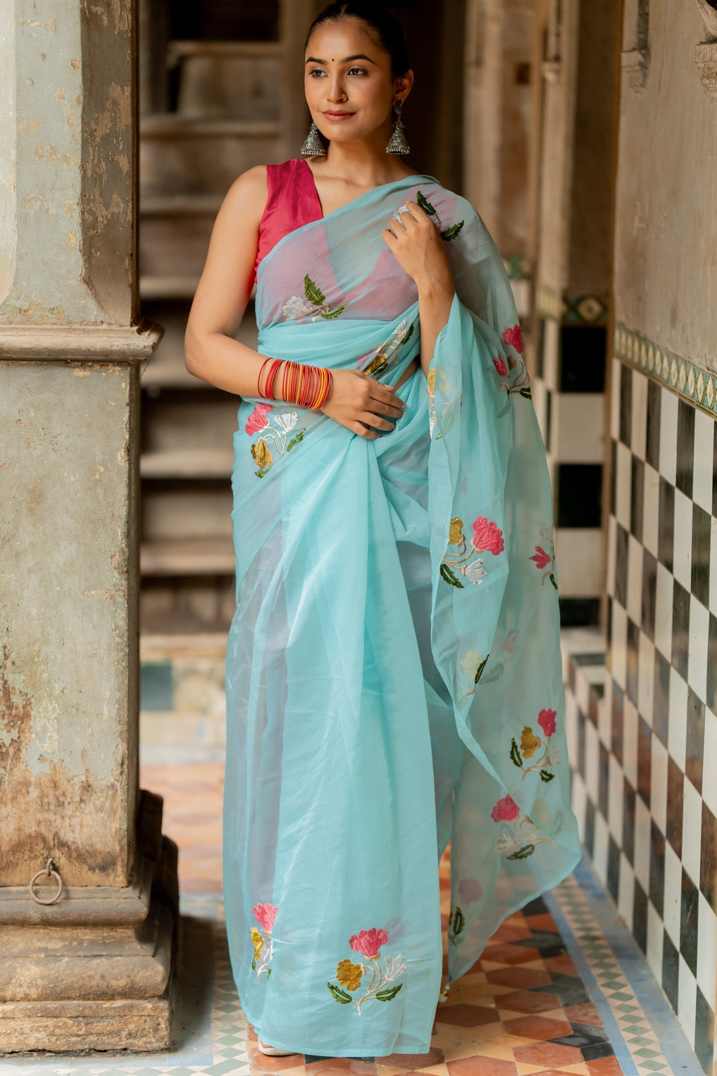 Floral Embroidery Stone Work Tassels  organza Saree