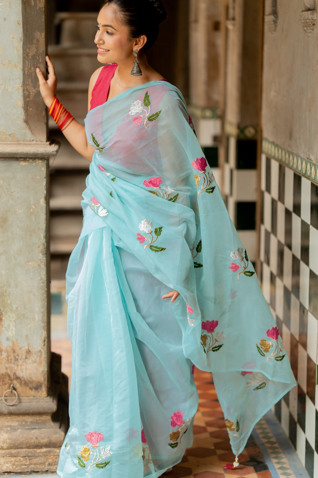 Floral Embroidery Stone Work Tassels  organza Saree