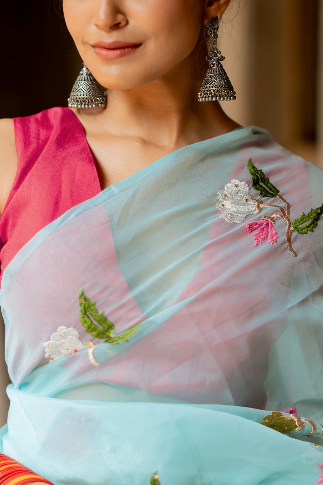 Floral Embroidery Stone Work Tassels  organza Saree