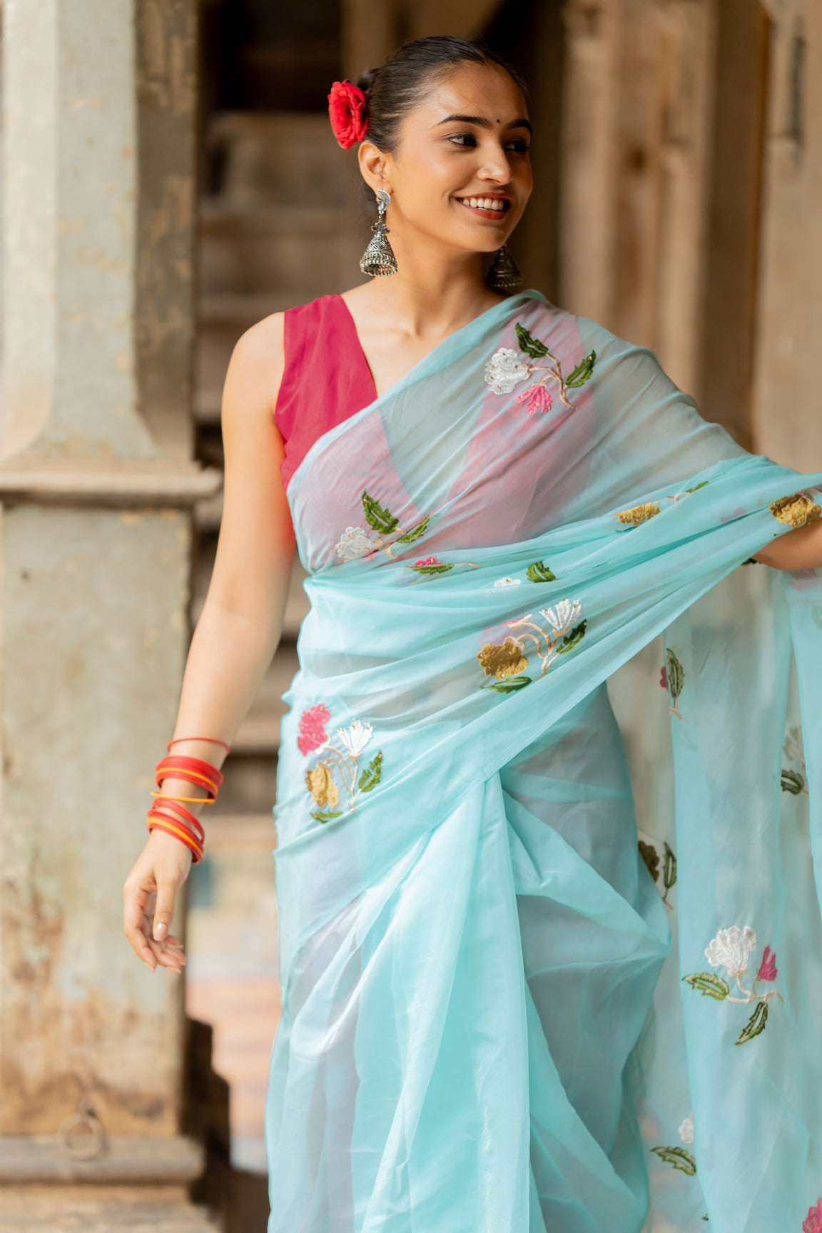 Floral Embroidery Stone Work Tassels  organza Saree