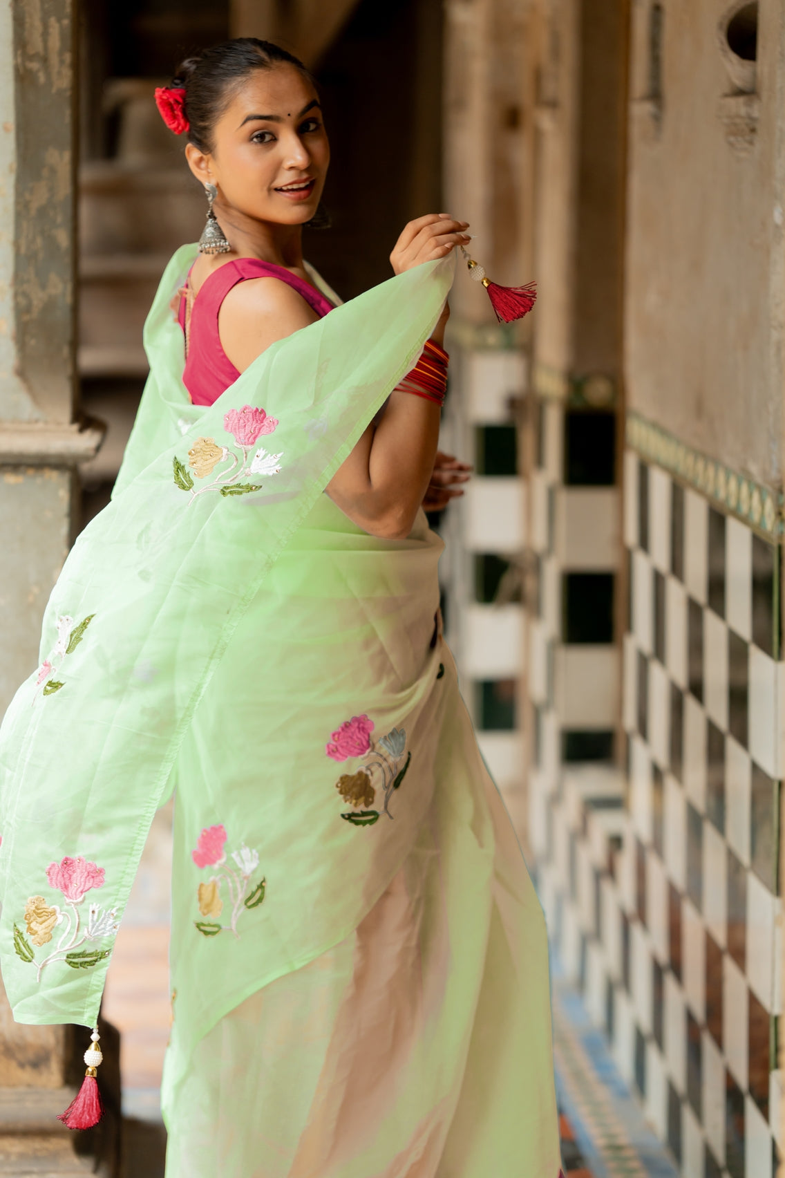 Floral Embroidery Stone Work Tassels  organza Saree