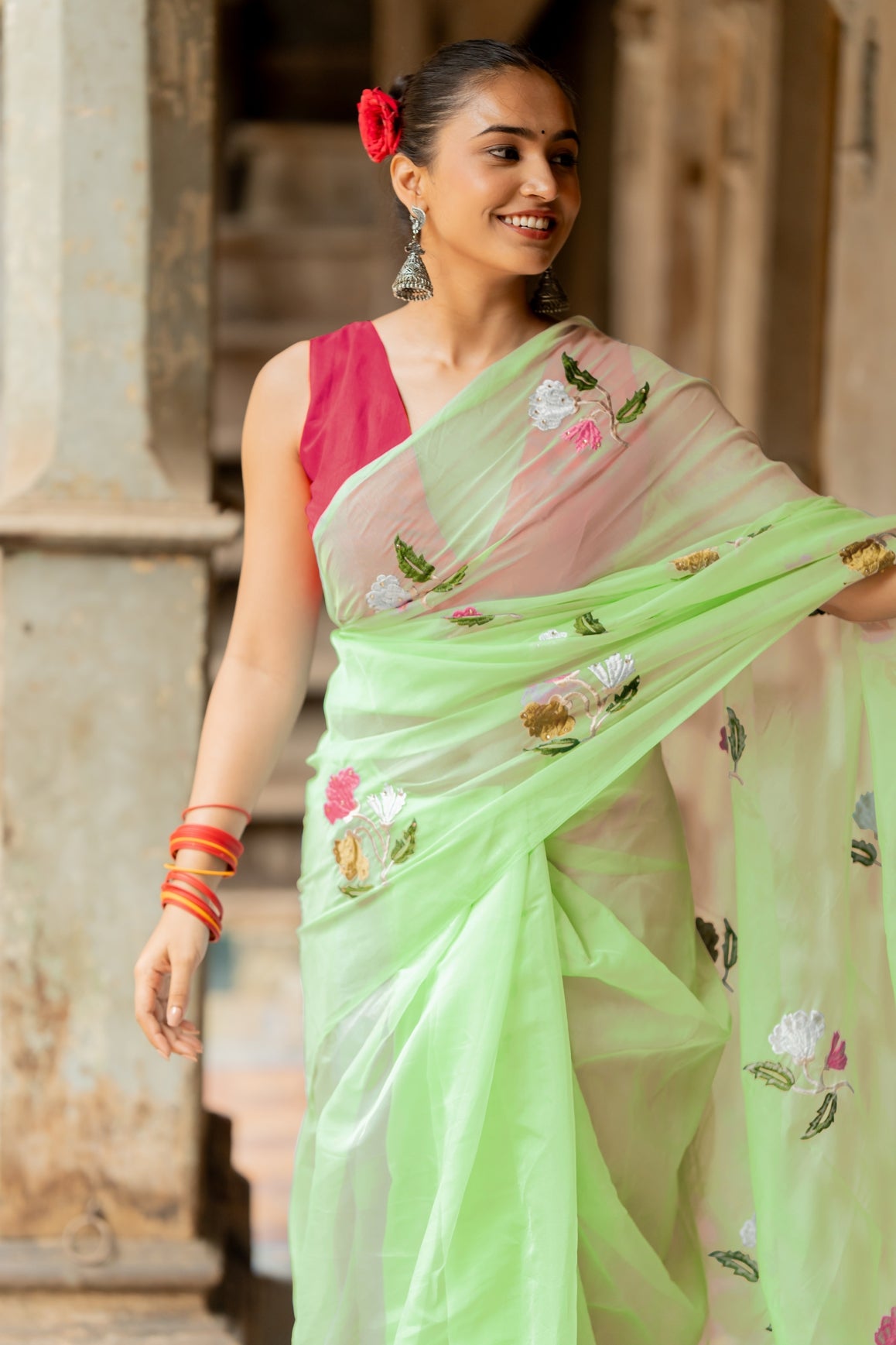 Floral Embroidery Stone Work Tassels  organza Saree