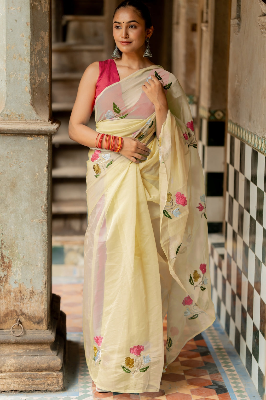 Floral Embroidery Stone Work Tassels  organza Saree