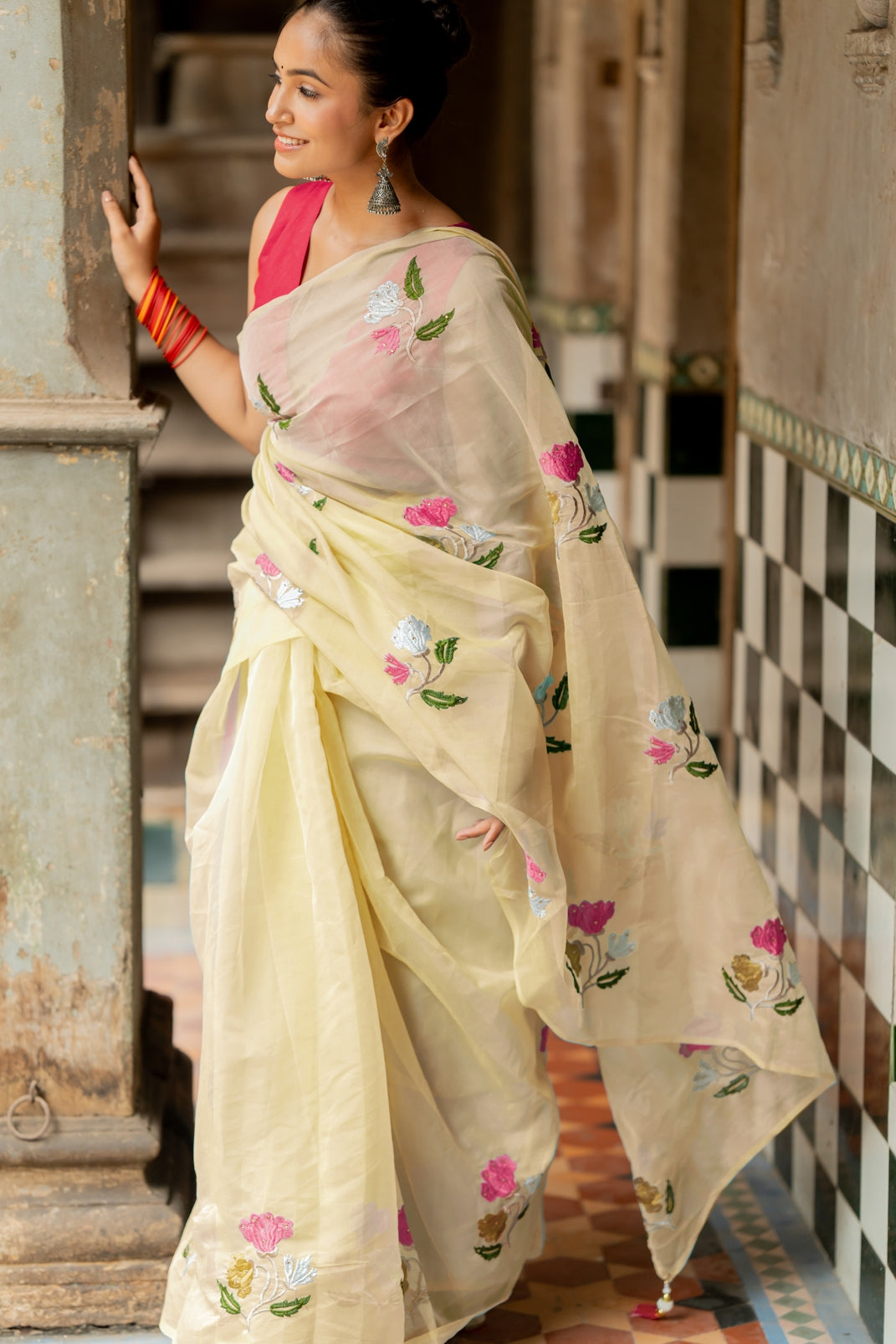 Floral Embroidery Stone Work Tassels  organza Saree