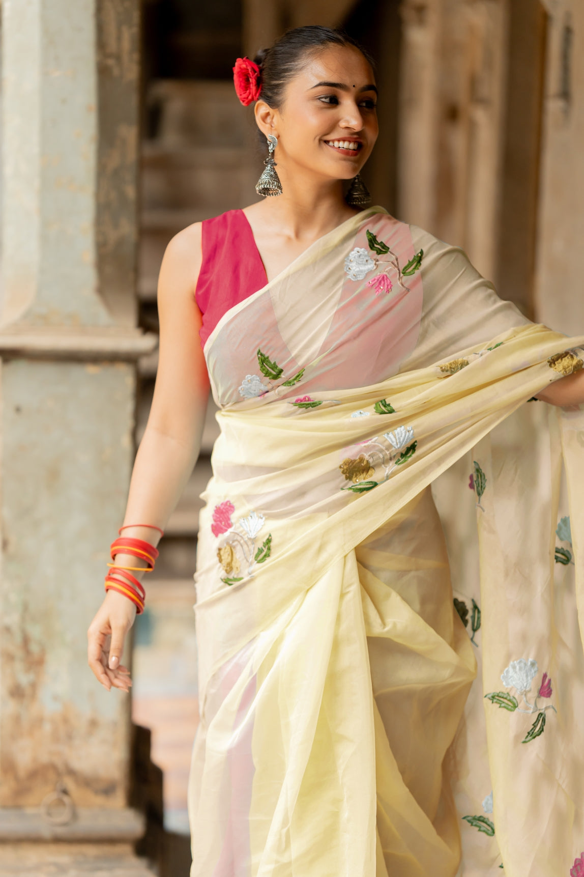Floral Embroidery Stone Work Tassels  organza Saree