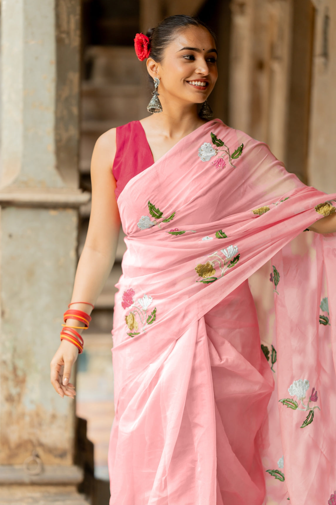 Floral Embroidery Stone Work Tassels  organza Saree