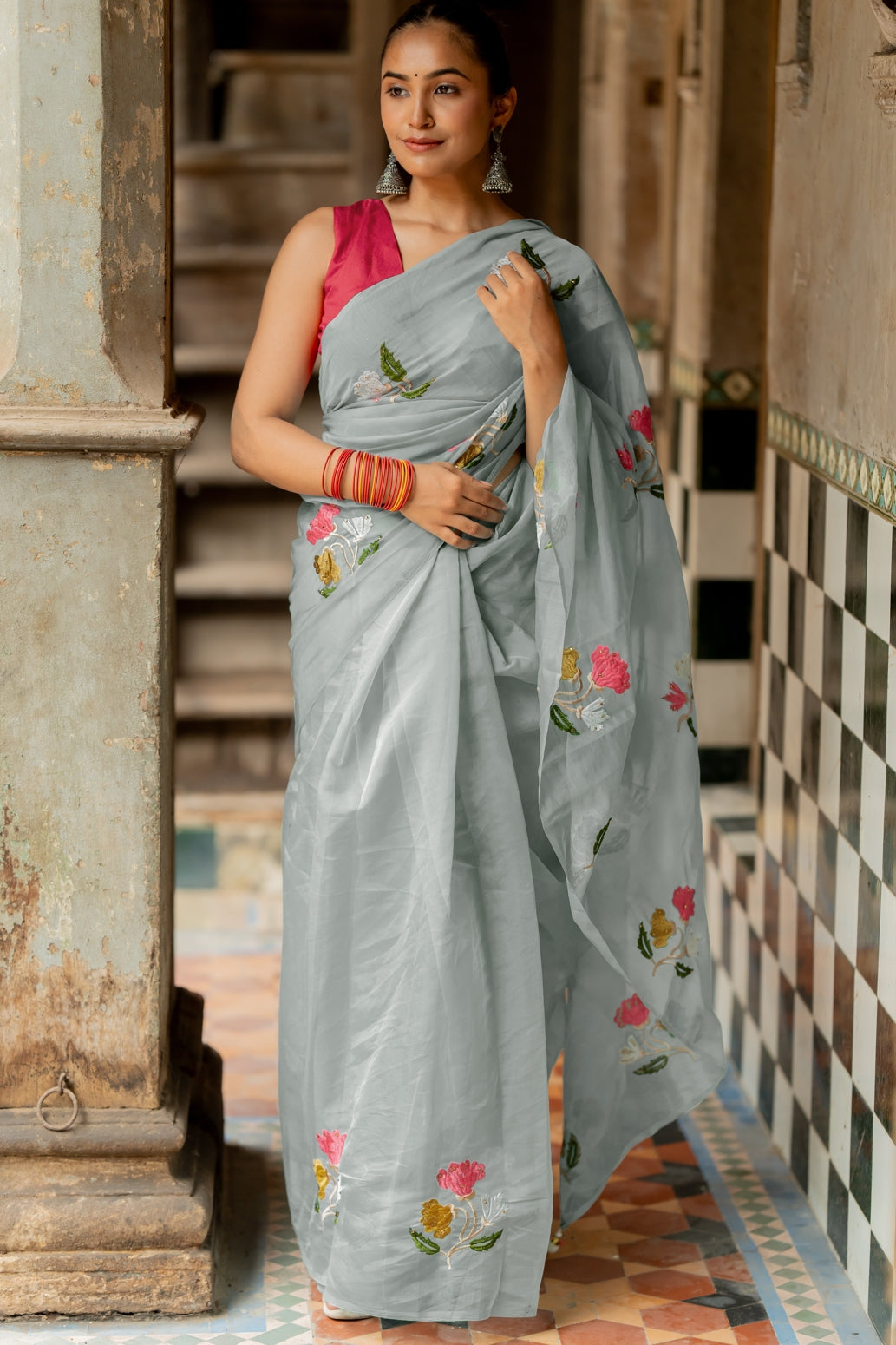 Floral Embroidery Stone Work Tassels  organza Saree