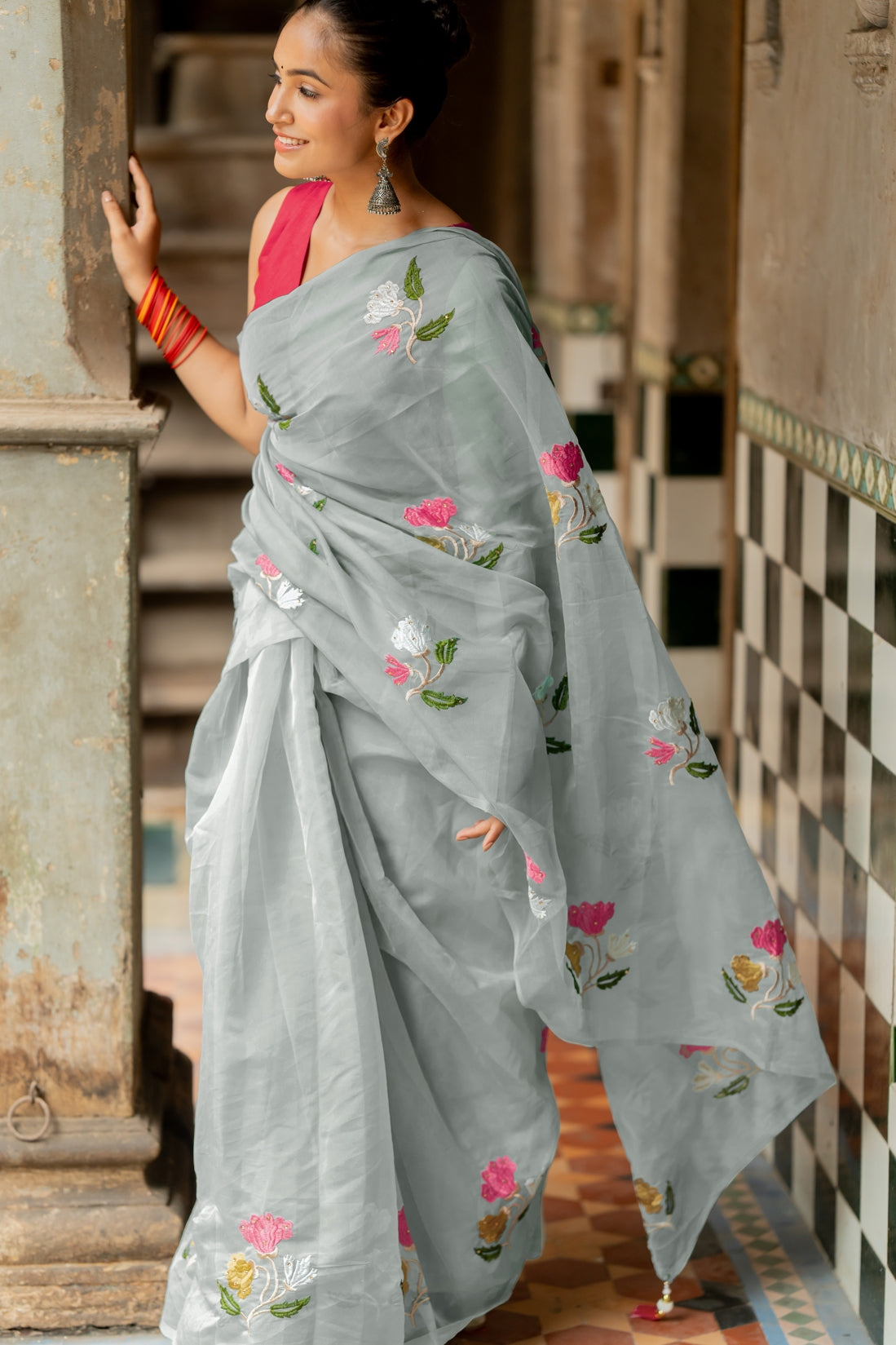 Floral Embroidery Stone Work Tassels  organza Saree