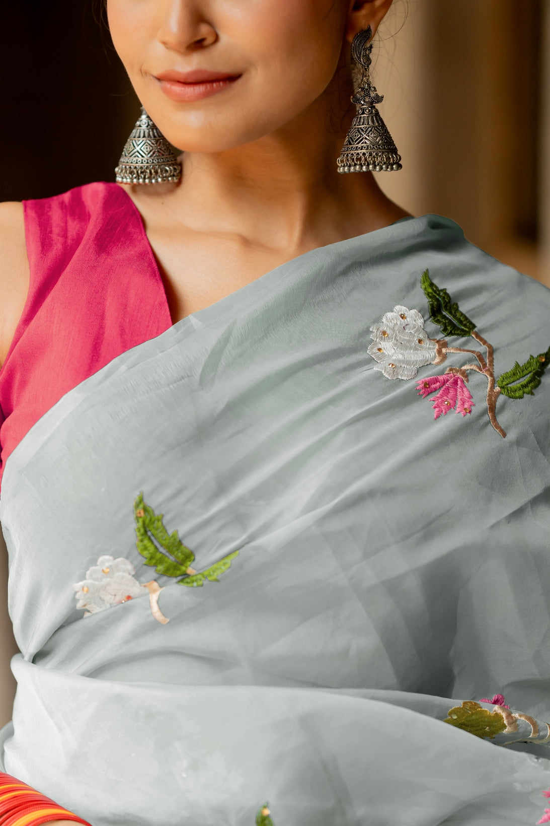 Floral Embroidery Stone Work Tassels  organza Saree