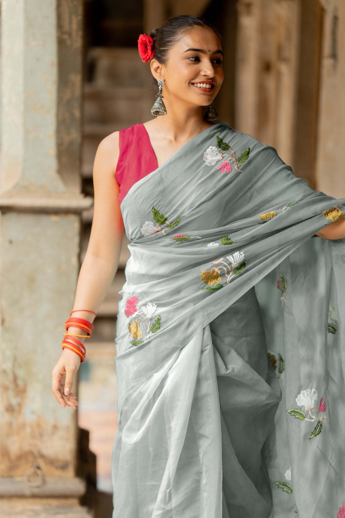 Floral Embroidery Stone Work Tassels  organza Saree