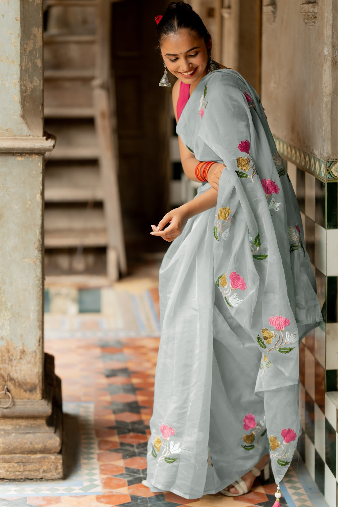 Floral Embroidery Stone Work Tassels  organza Saree