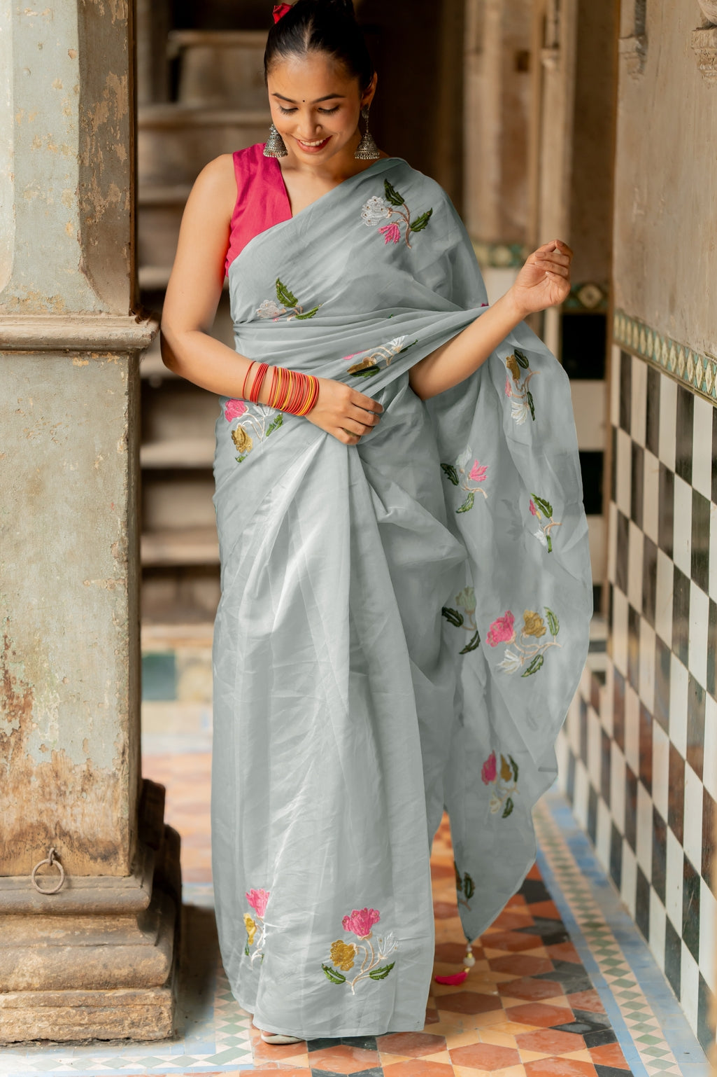 Floral Embroidery Stone Work Tassels  organza Saree