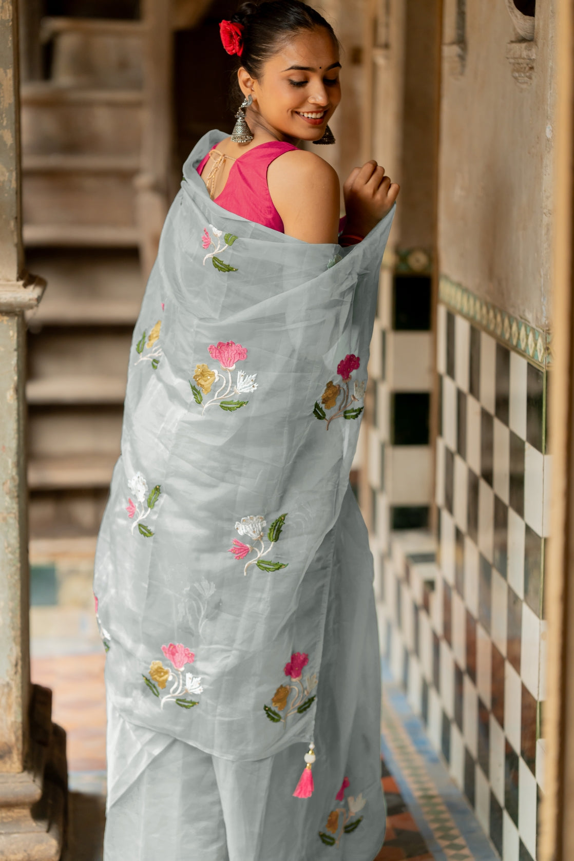 Floral Embroidery Stone Work Tassels  organza Saree