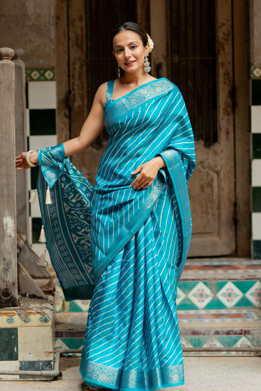 Silk Blend Leheriya & stripe Printed Saree With Unstitched Blouse Piece