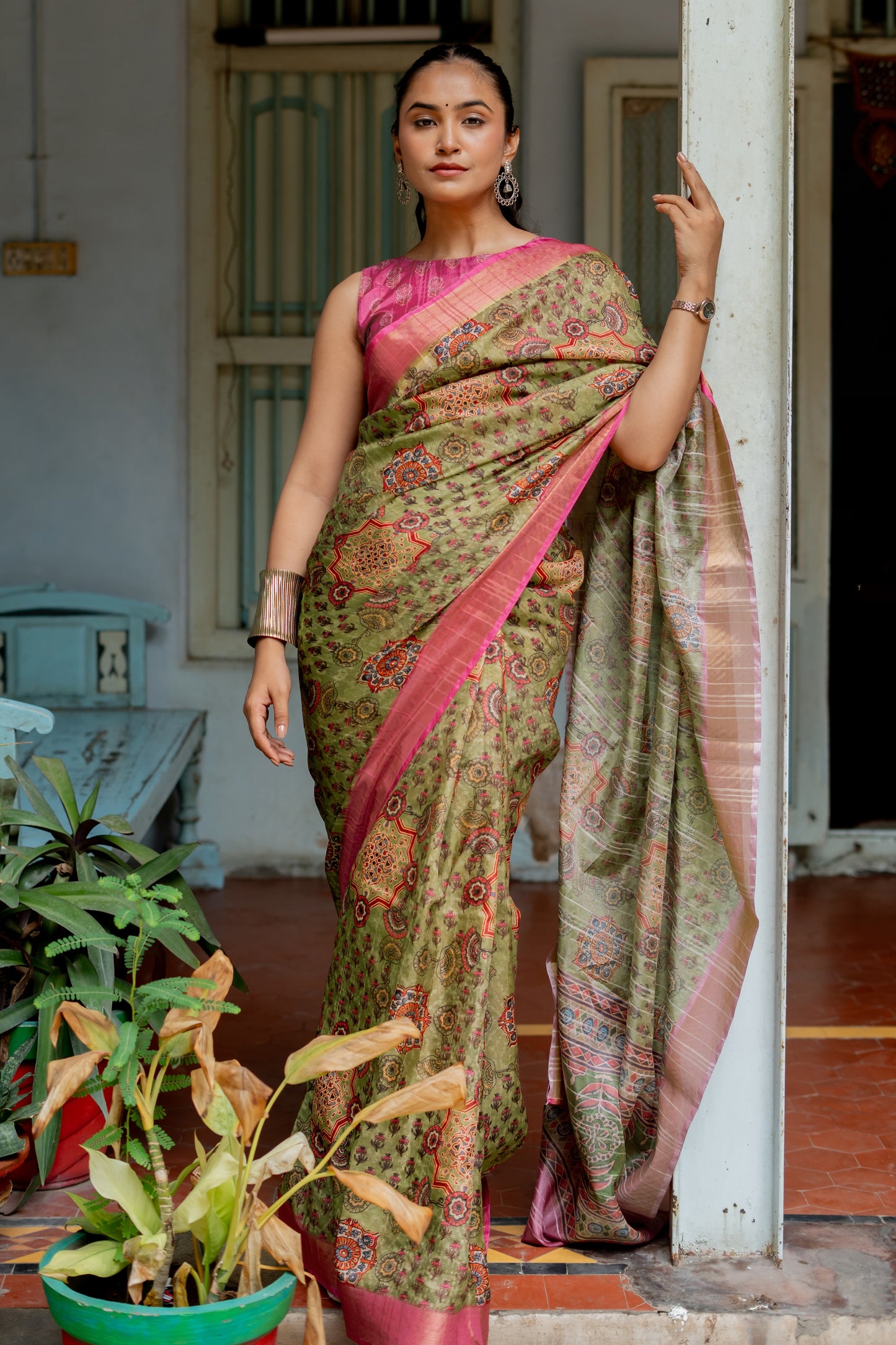 Light Olive Green Ajrakh & Floral Print Silk Blend Saree with Unstitched Blouse