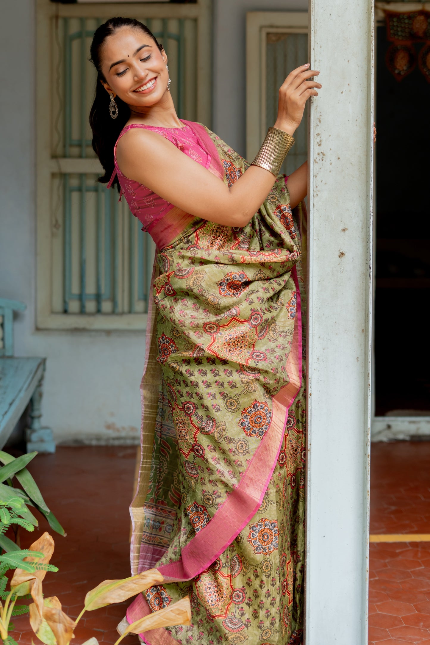 Light Olive Green Ajrakh & Floral Print Silk Blend Saree with Unstitched Blouse