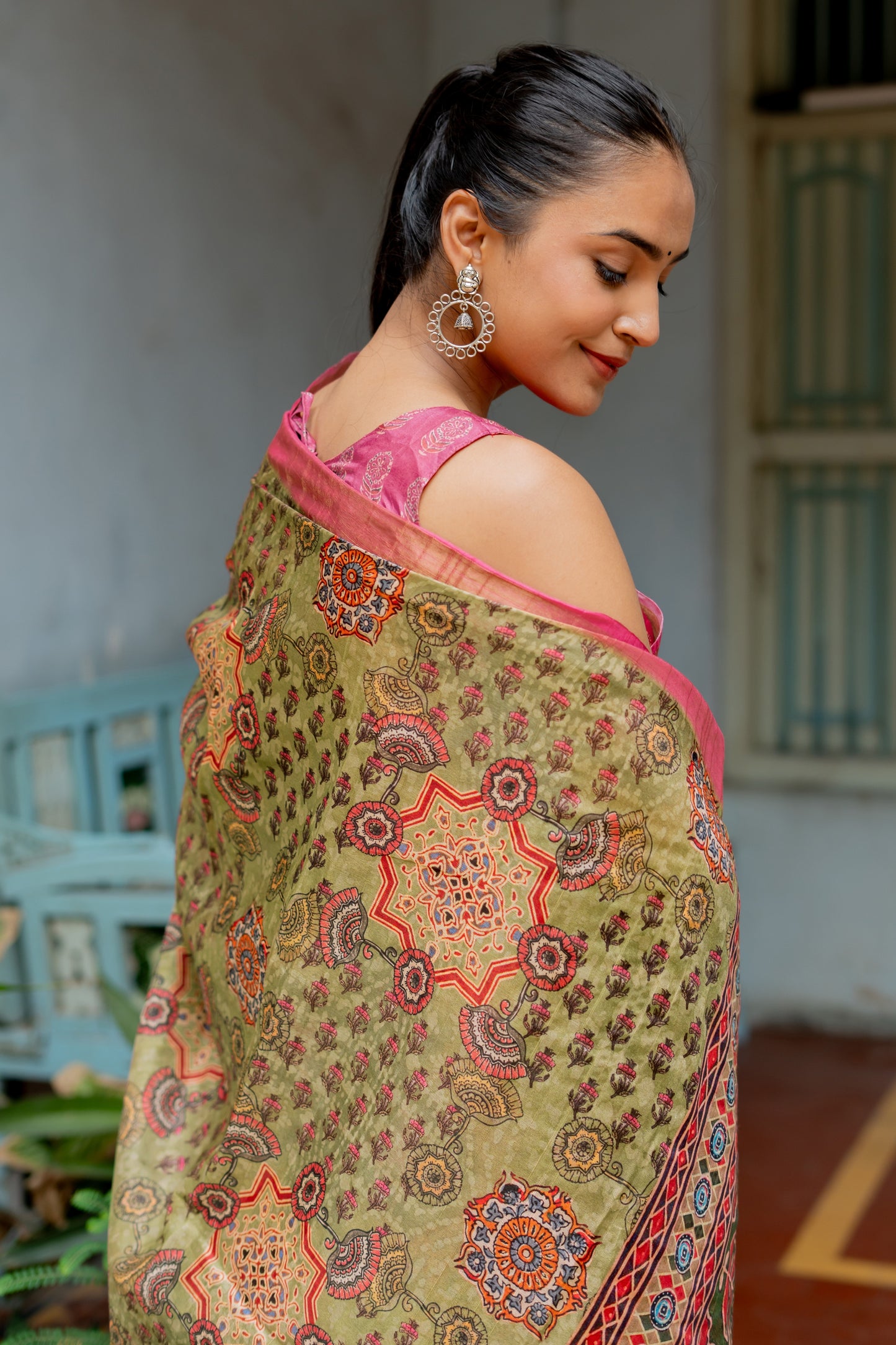 Light Olive Green Ajrakh & Floral Print Silk Blend Saree with Unstitched Blouse
