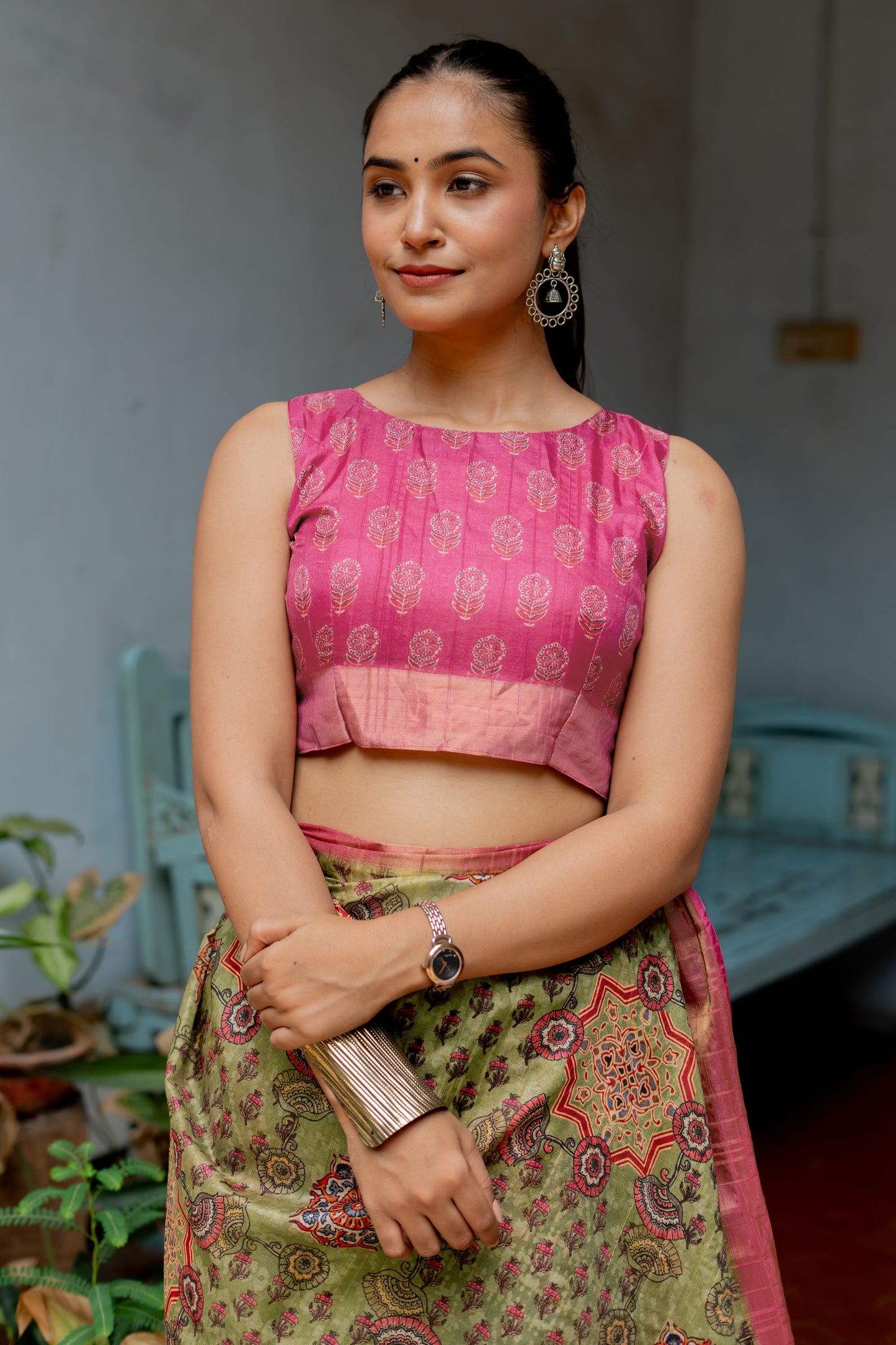 Light Olive Green Ajrakh & Floral Print Silk Blend Saree with Unstitched Blouse