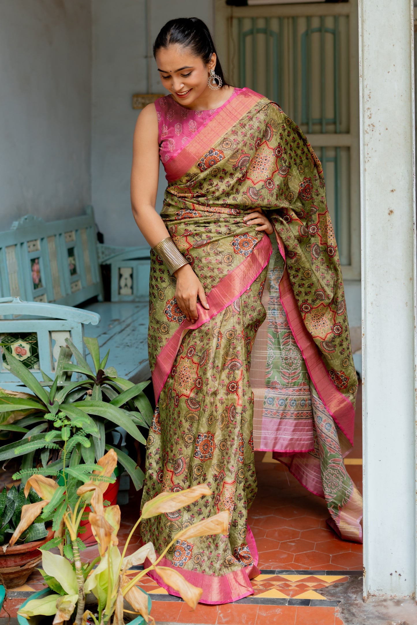 Light Olive Green Ajrakh & Floral Print Silk Blend Saree with Unstitched Blouse