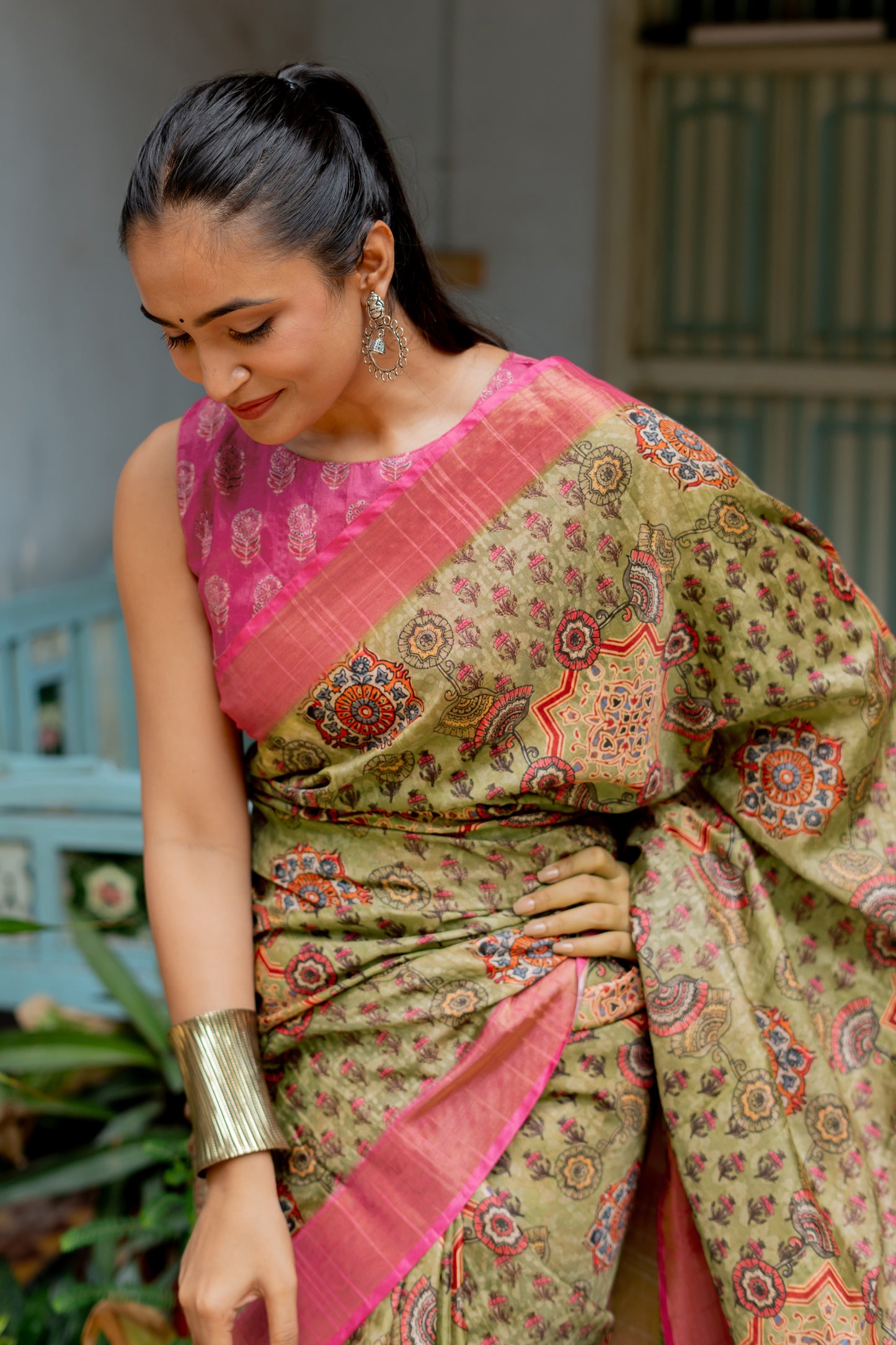 Light Olive Green Ajrakh & Floral Print Silk Blend Saree with Unstitched Blouse