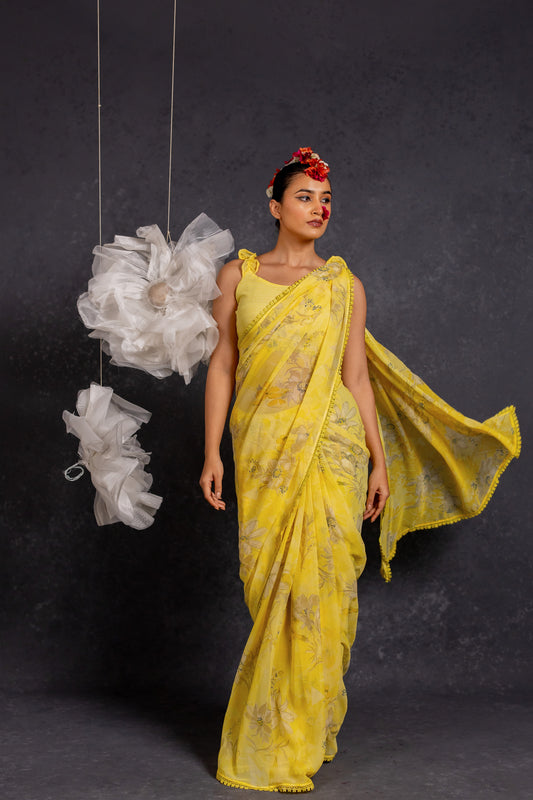 Women's Georgette Floral Printed crochet lace Saree