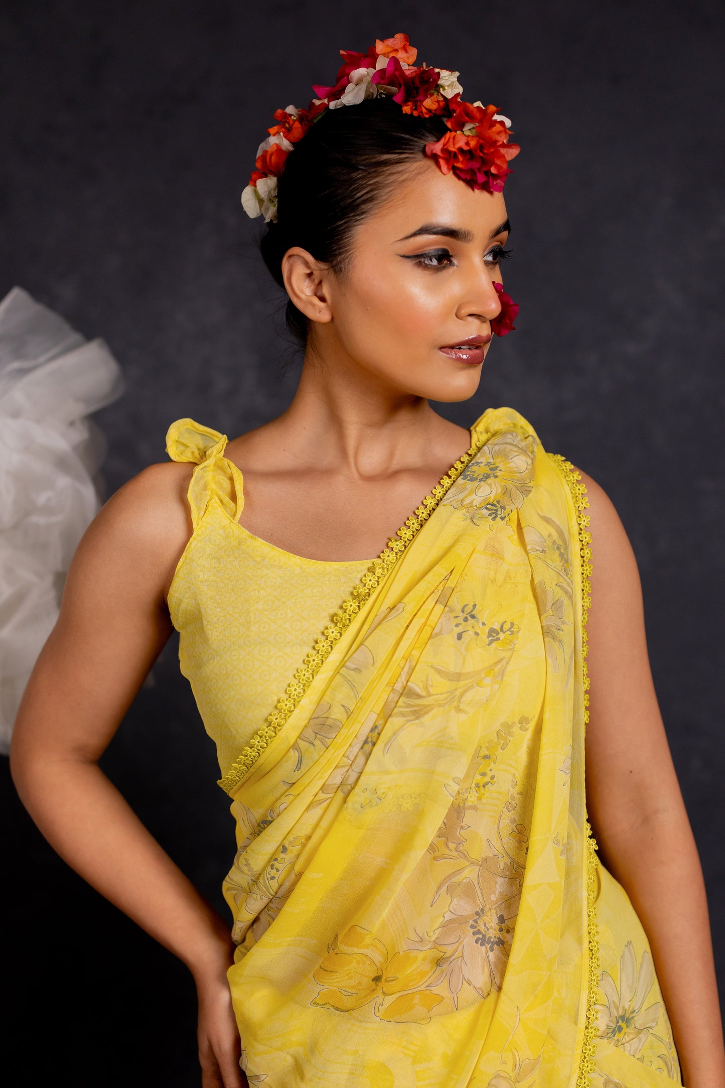 Women's Georgette Floral Printed crochet lace Saree