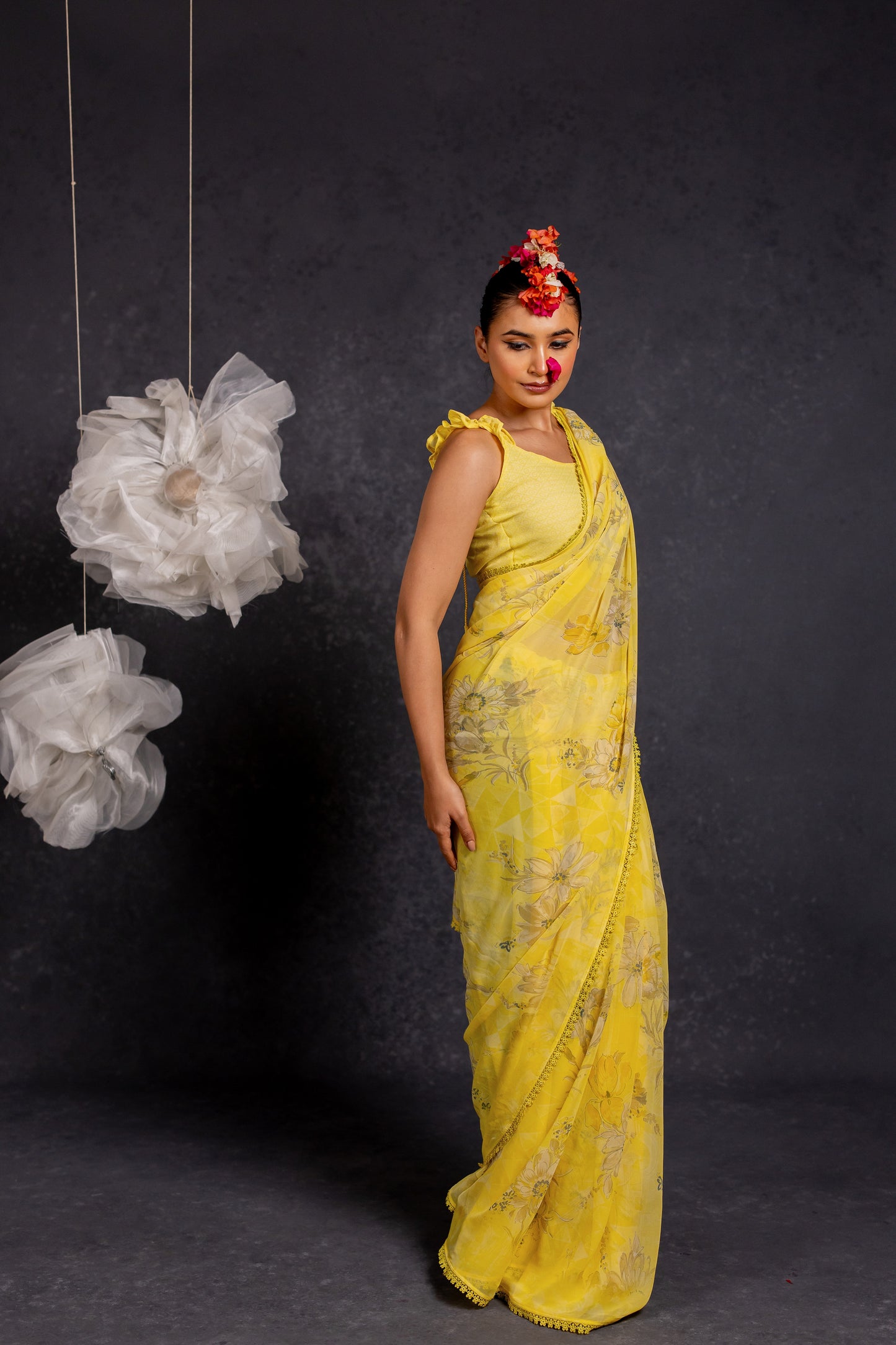 Women's Georgette Floral Printed crochet lace Saree