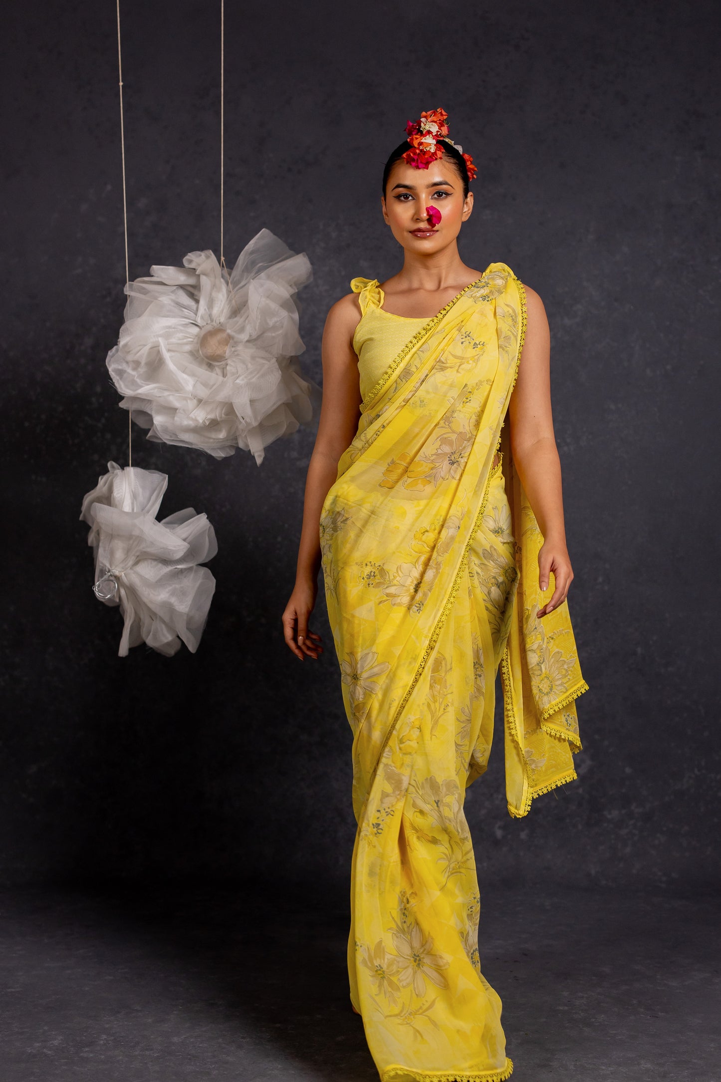 Women's Georgette Floral Printed crochet lace Saree