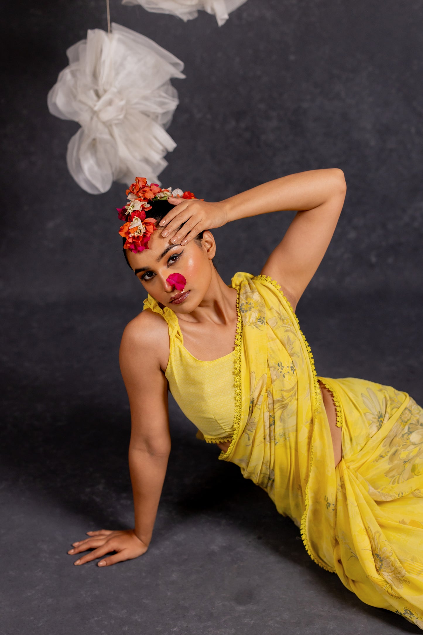 Women's Georgette Floral Printed crochet lace Saree