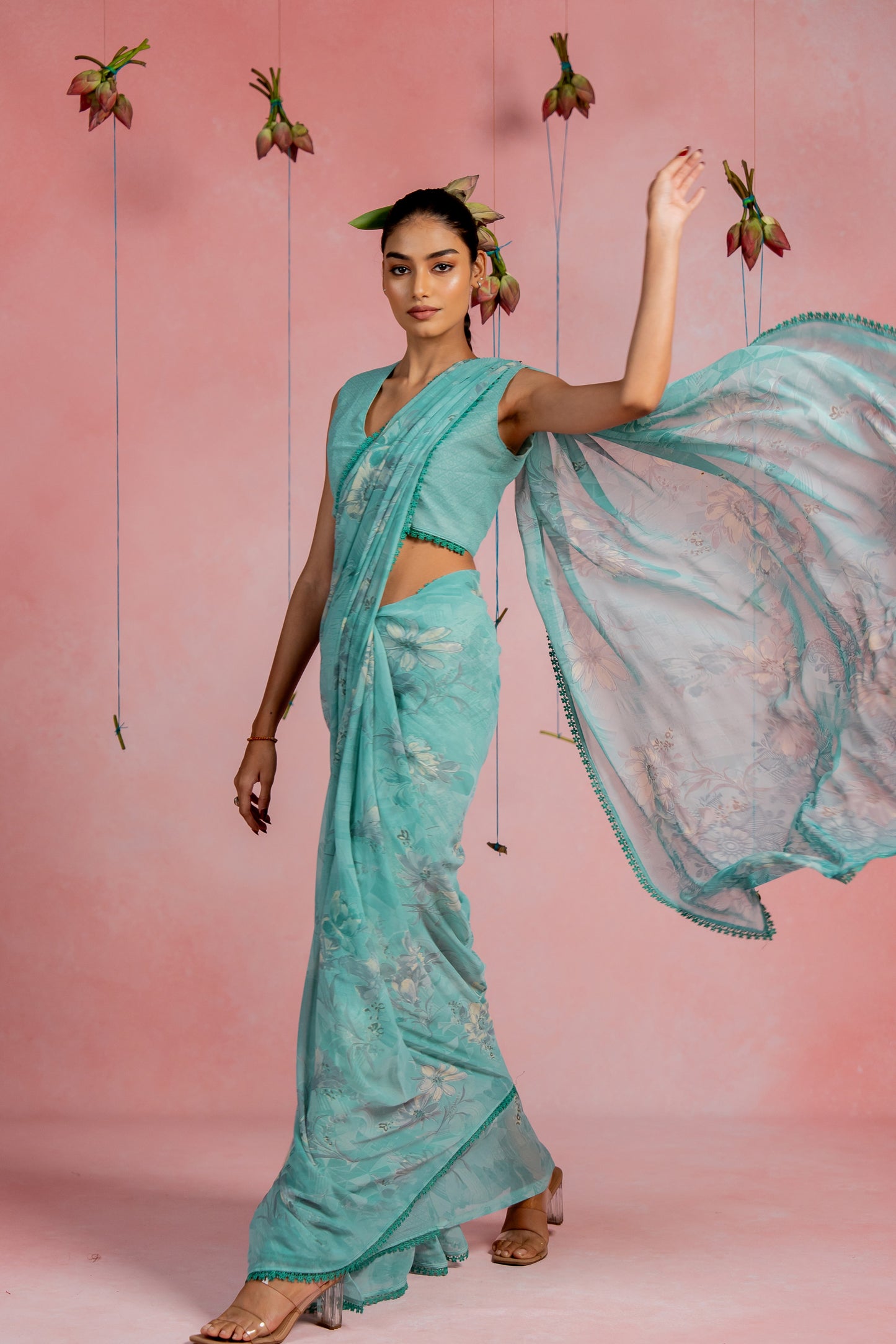 Women's Georgette Floral Printed crochet lace Saree