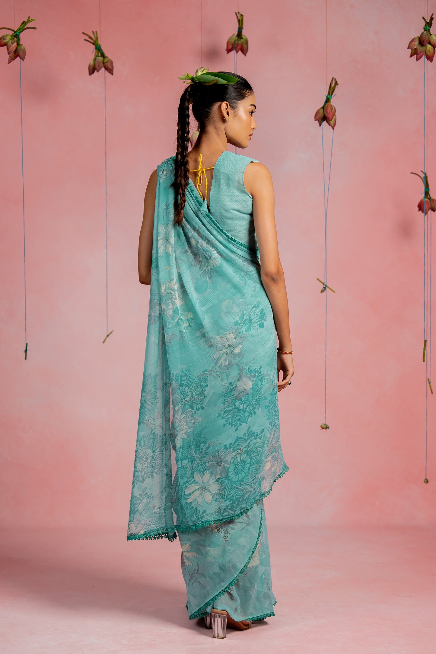 Women's Georgette Floral Printed crochet lace Saree