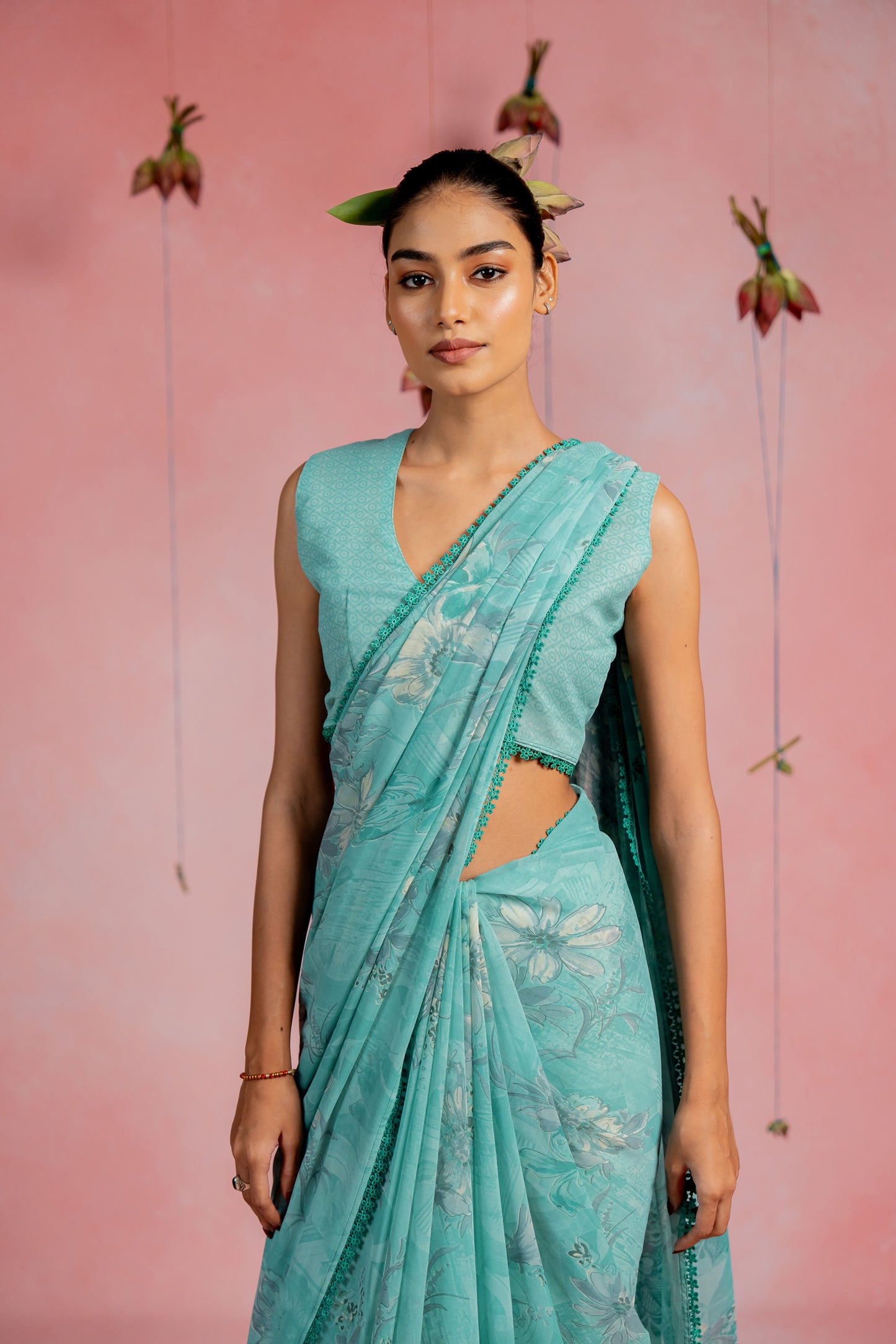 Women's Georgette Floral Printed crochet lace Saree