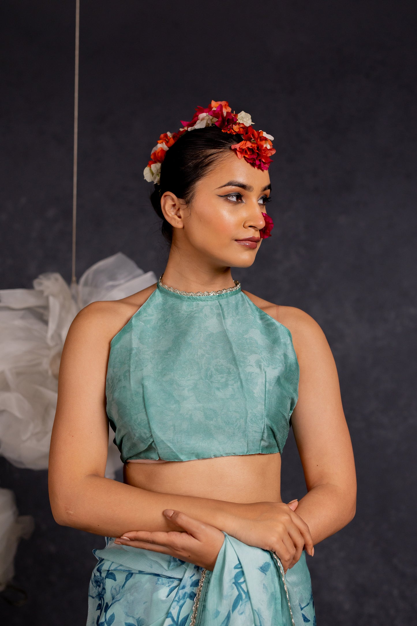 Women's Chiffon Floral Printed Lace Applique Saree with Unstitched Blouse