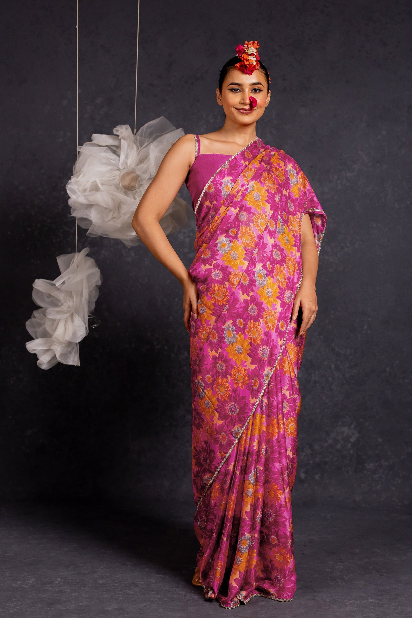 Women's Chiffon Floral Printed lace applique Saree