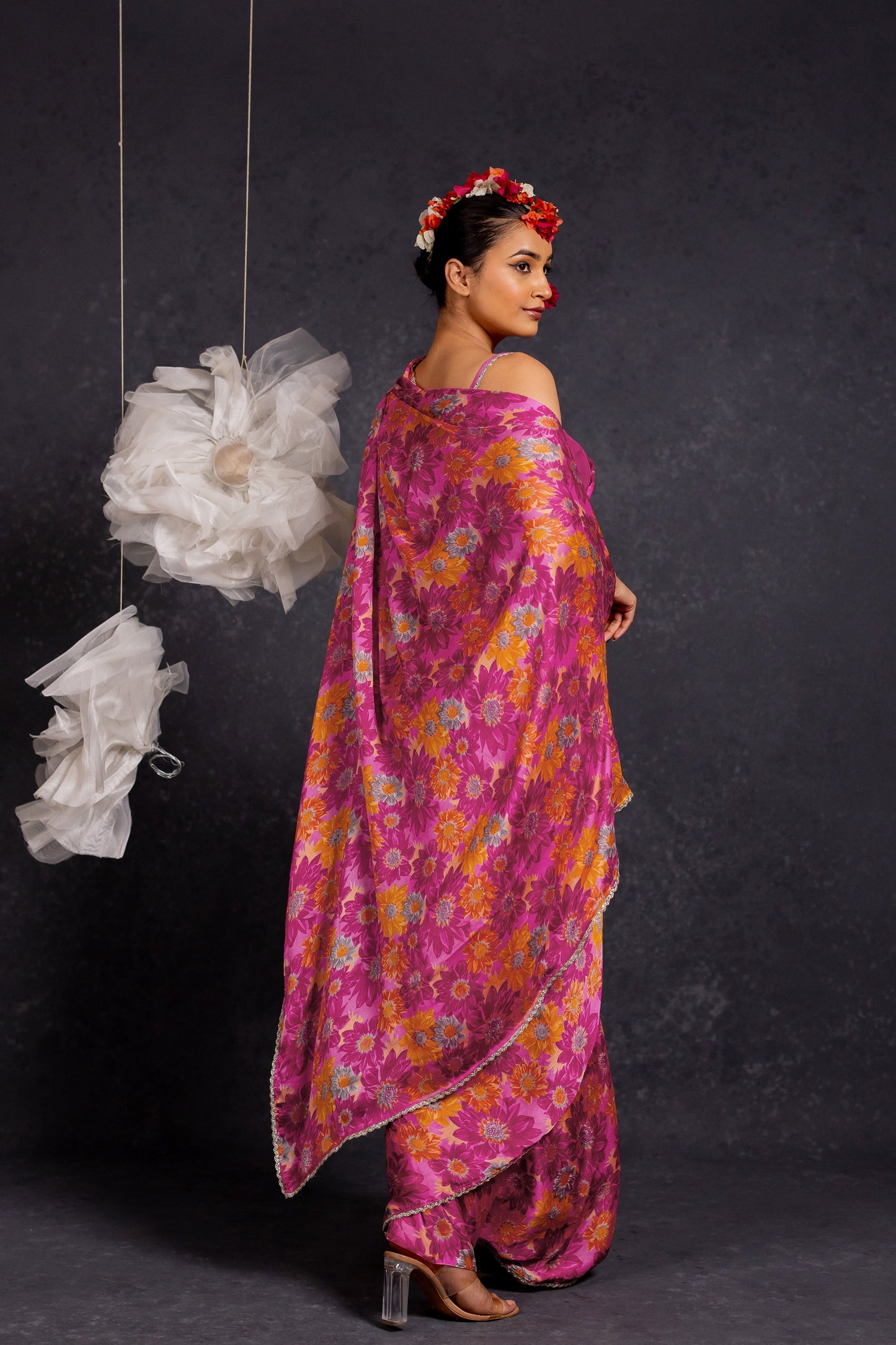 Women's Chiffon Floral Printed lace applique Saree