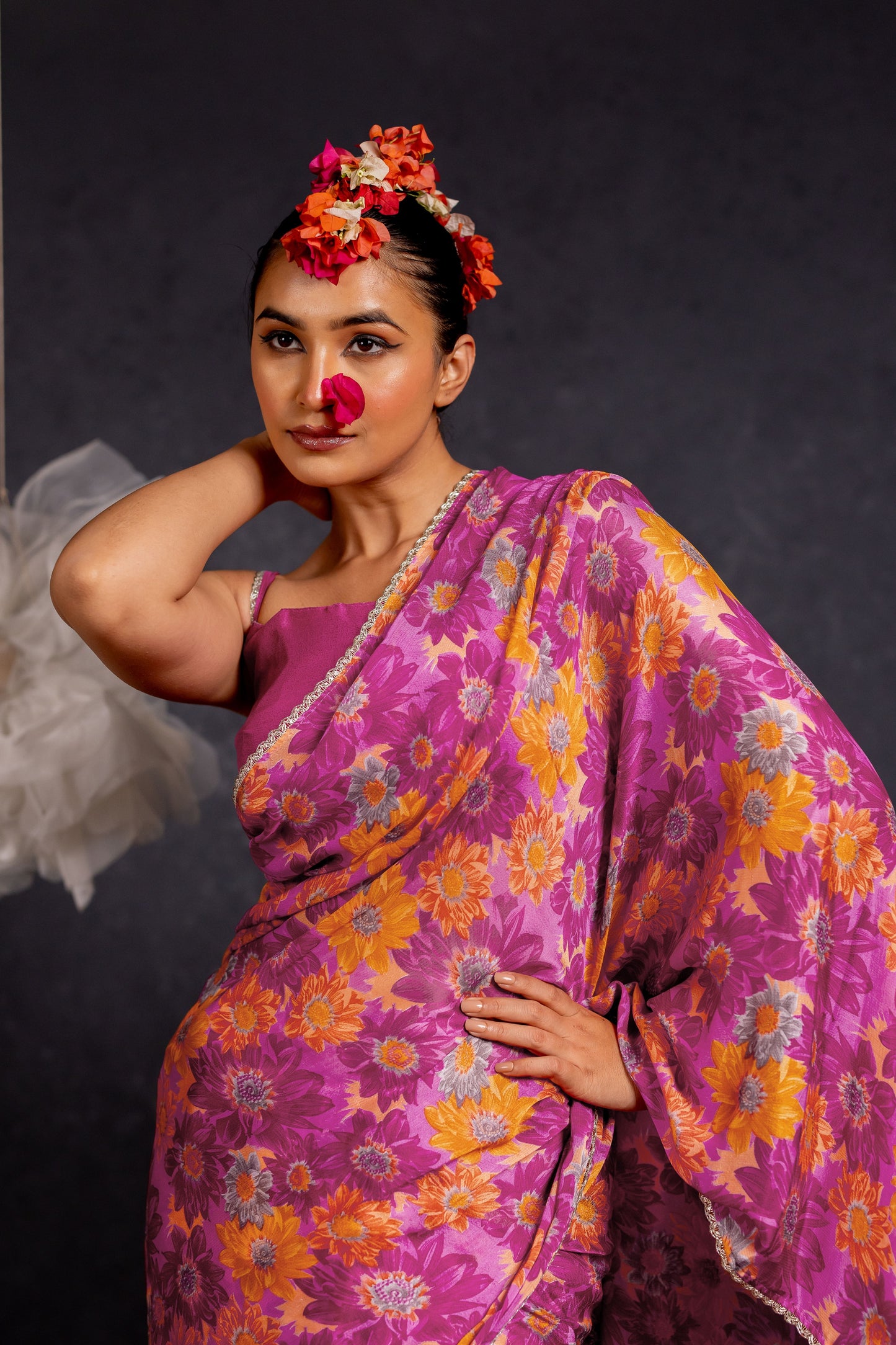 Women's Chiffon Floral Printed lace applique Saree