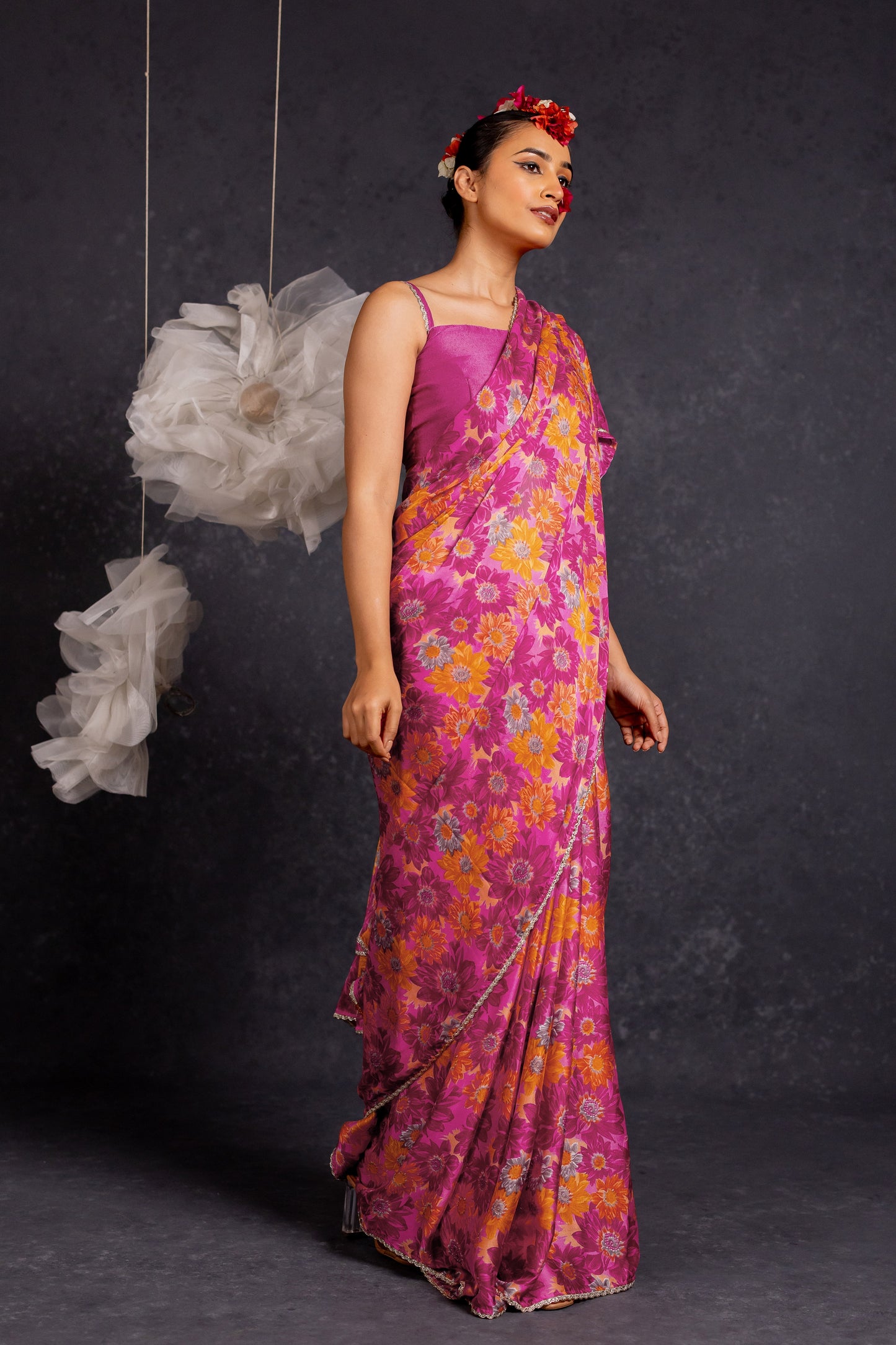 Women's Chiffon Floral Printed lace applique Saree