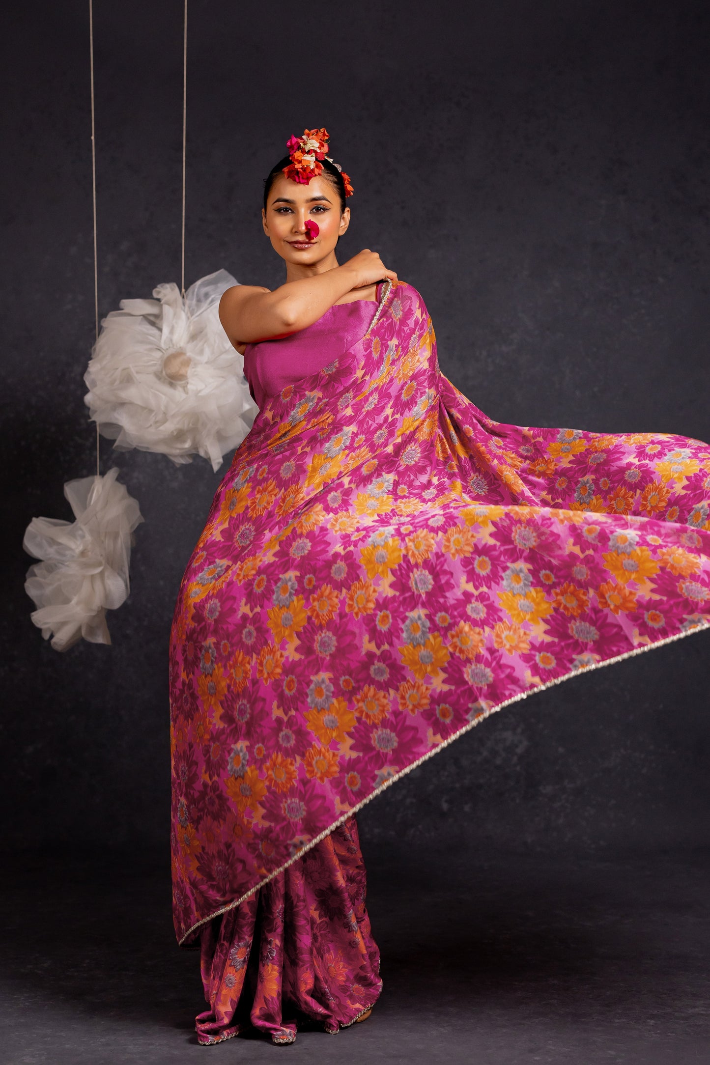 Women's Chiffon Floral Printed lace applique Saree