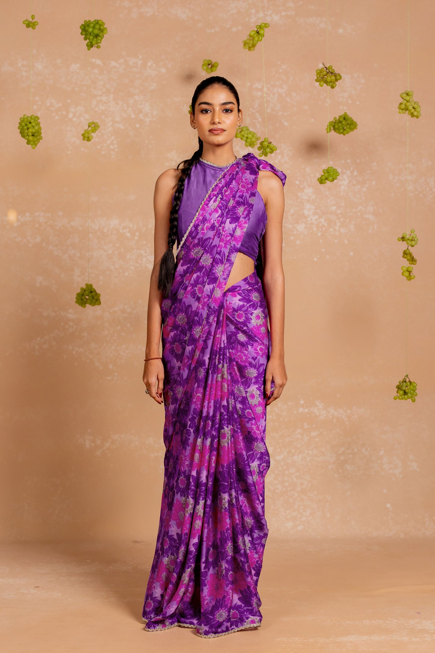 Women's Chiffon Floral Printed lace applique Saree