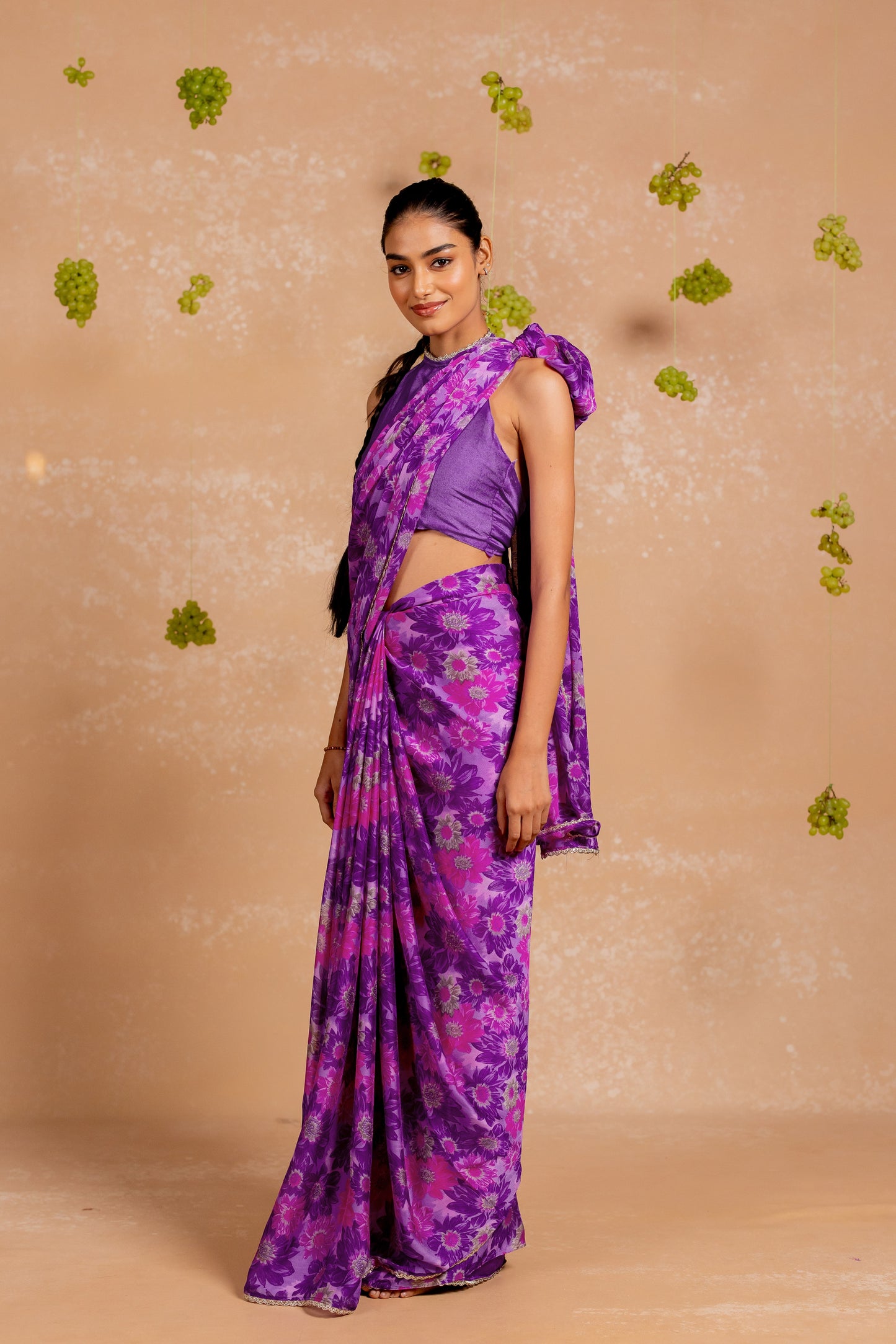 Women's Chiffon Floral Printed lace applique Saree