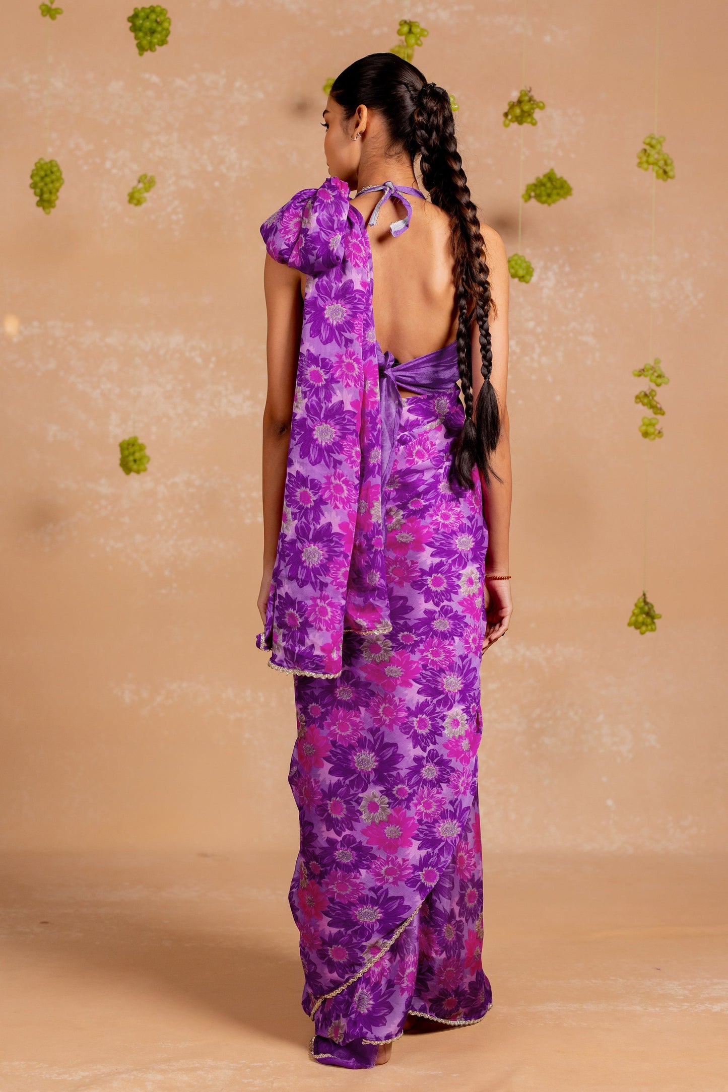 Women's Chiffon Floral Printed lace applique Saree