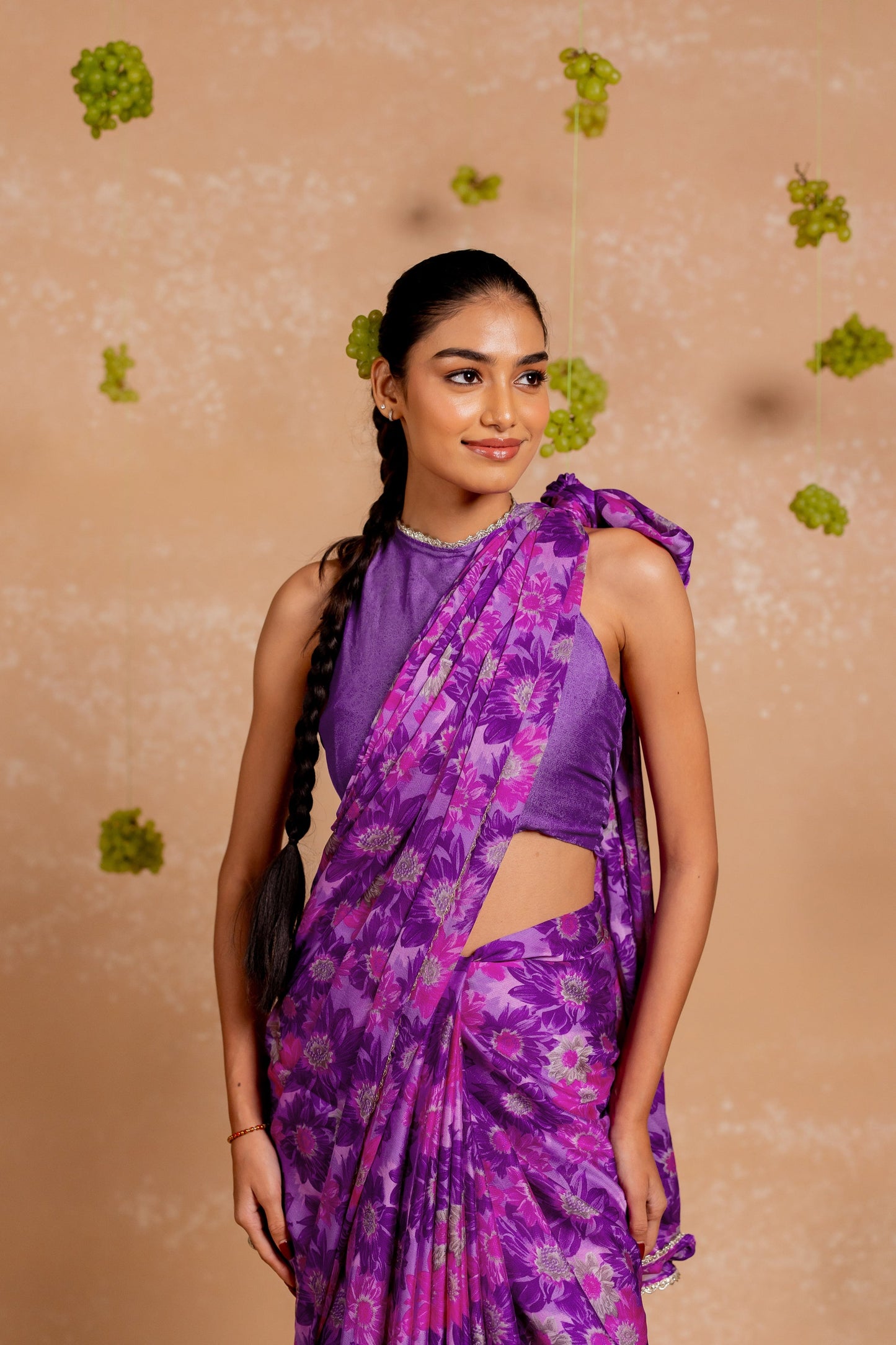 Women's Chiffon Floral Printed lace applique Saree