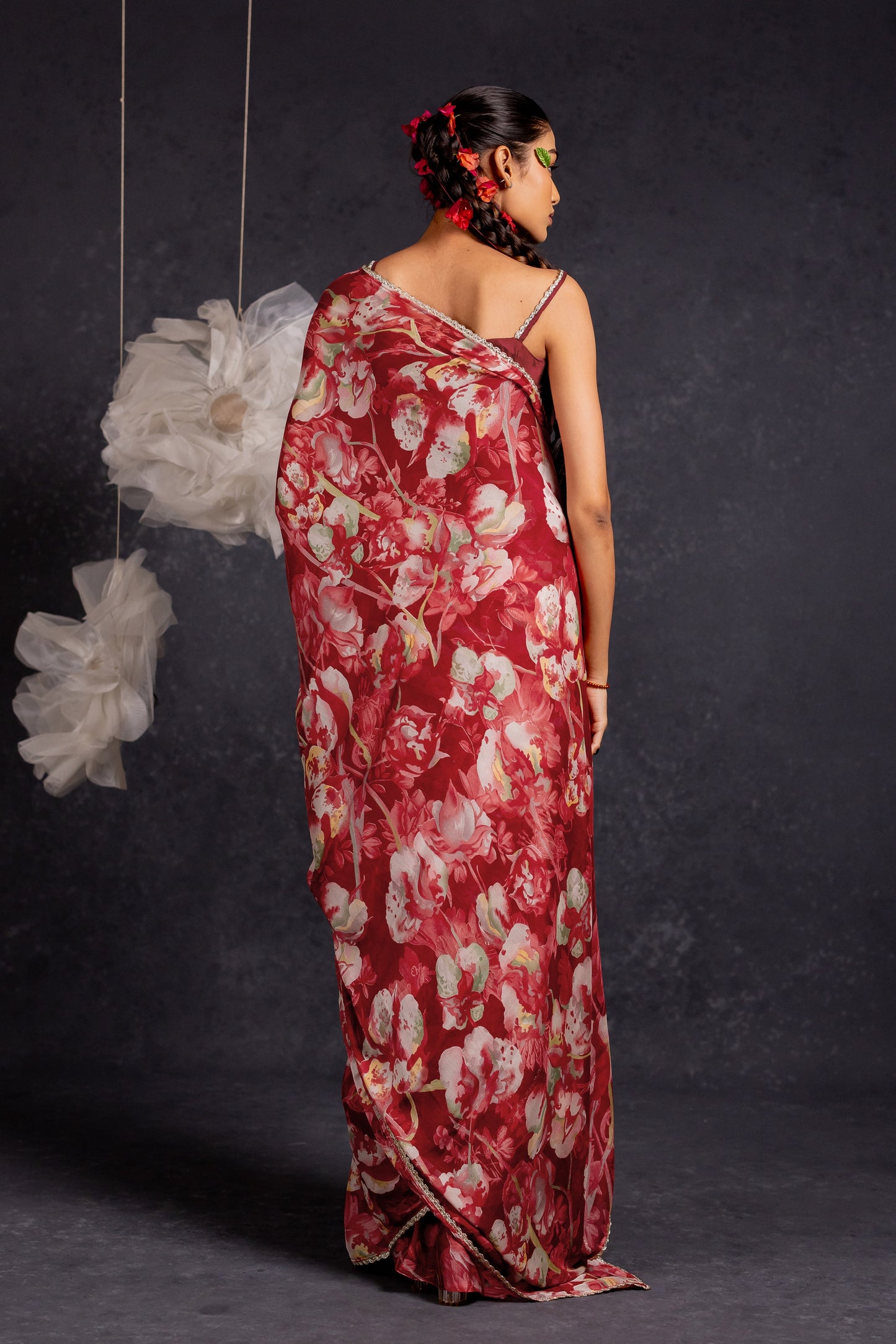 Women's Chiffon Floral Printed Lace Applique Saree