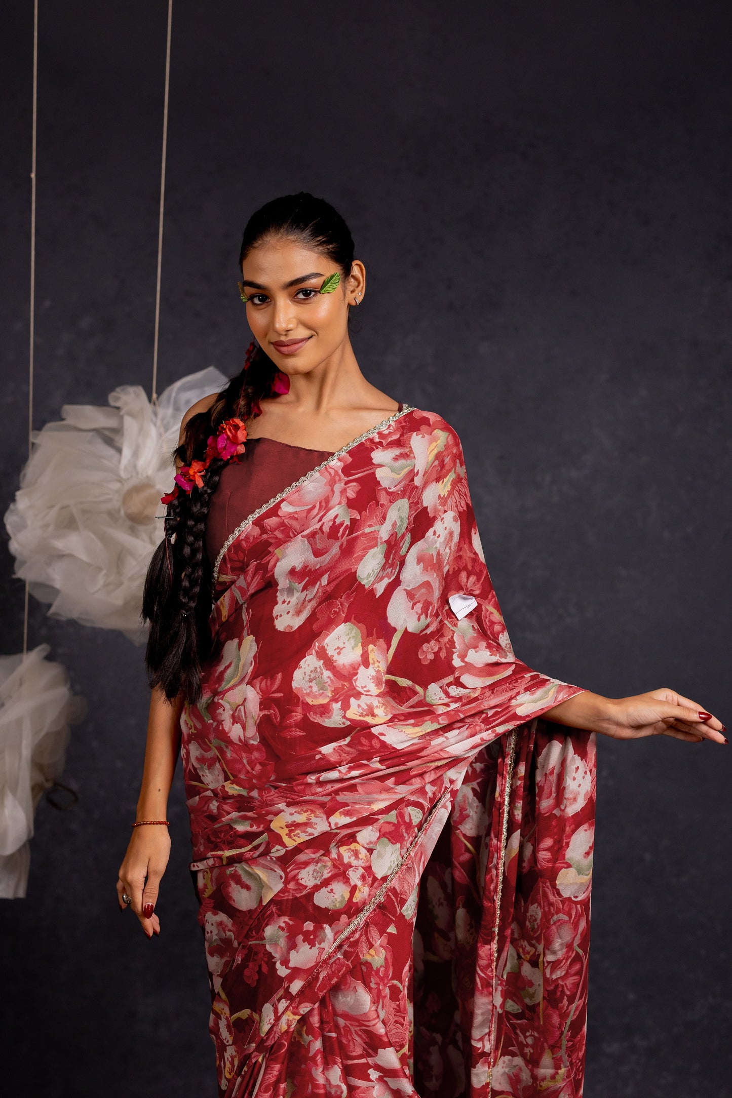 Women's Chiffon Floral Printed Lace Applique Saree