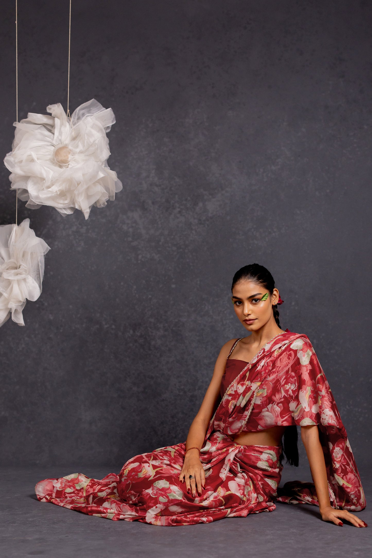 Women's Chiffon Floral Printed Lace Applique Saree